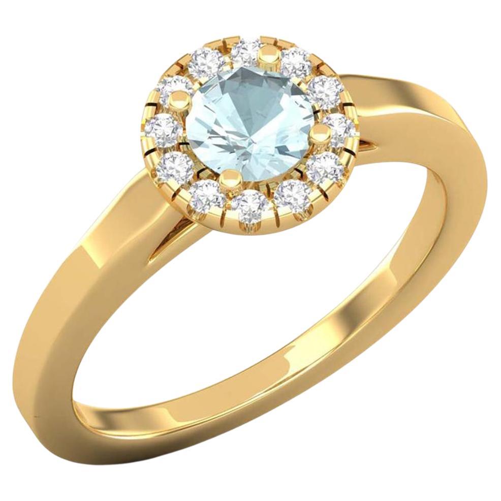 14 K Gold Round Aquamarine Ring / Round Diamond Ring / Solitaire Ring For Sale