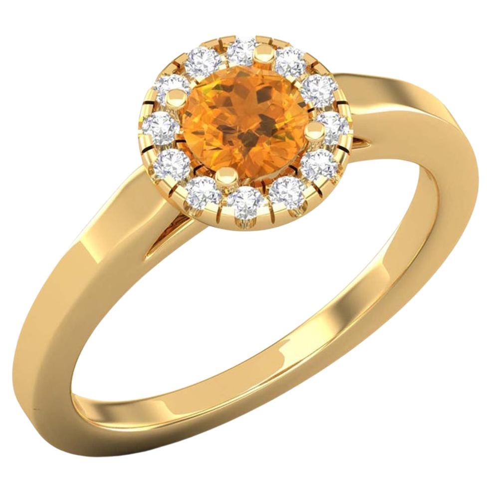 14 K Gold Round 5 MM Citrine Ring / 1.5 MM Round Diamond Ring / Solitaire Ring For Sale