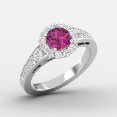 14 K Gold Rubellite Tourmaline Ring / Round Diamond Ring / Solitaire Ring