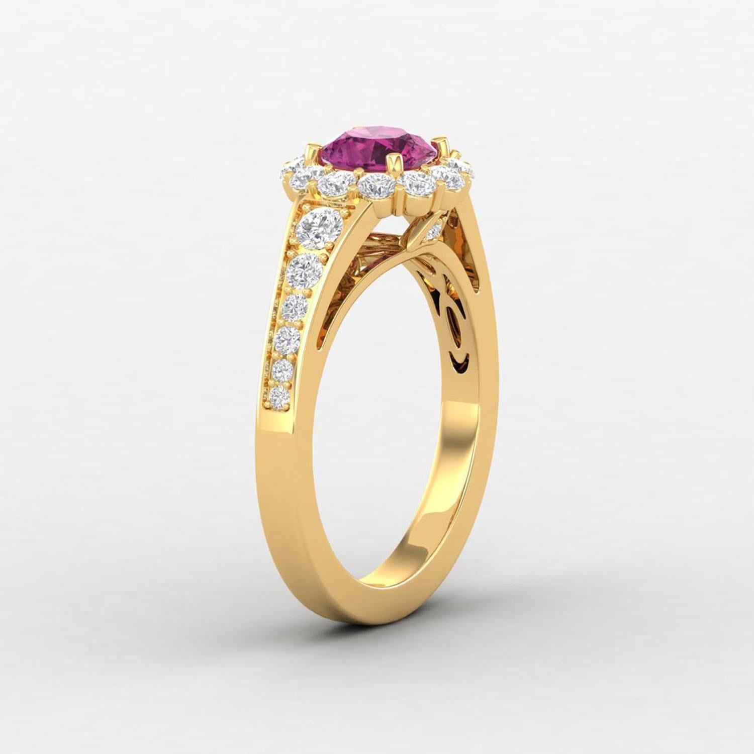 Round Cut 14 K Gold Rubellite Tourmaline Ring / Round Diamond Ring / Solitaire Ring For Sale
