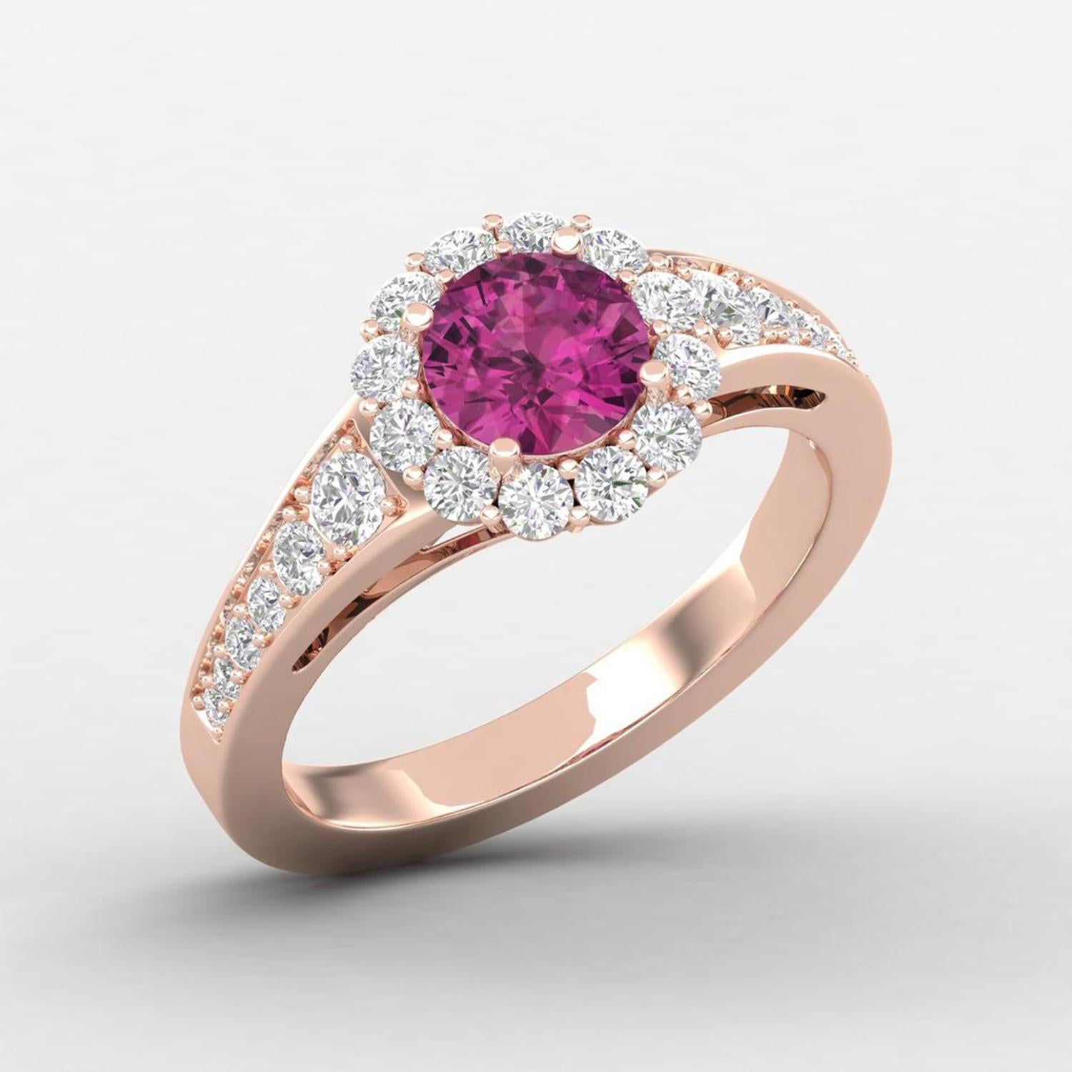 14 K Gold Rubellite Tourmaline Ring / Round Diamond Ring / Solitaire Ring In New Condition For Sale In Jaipur, RJ