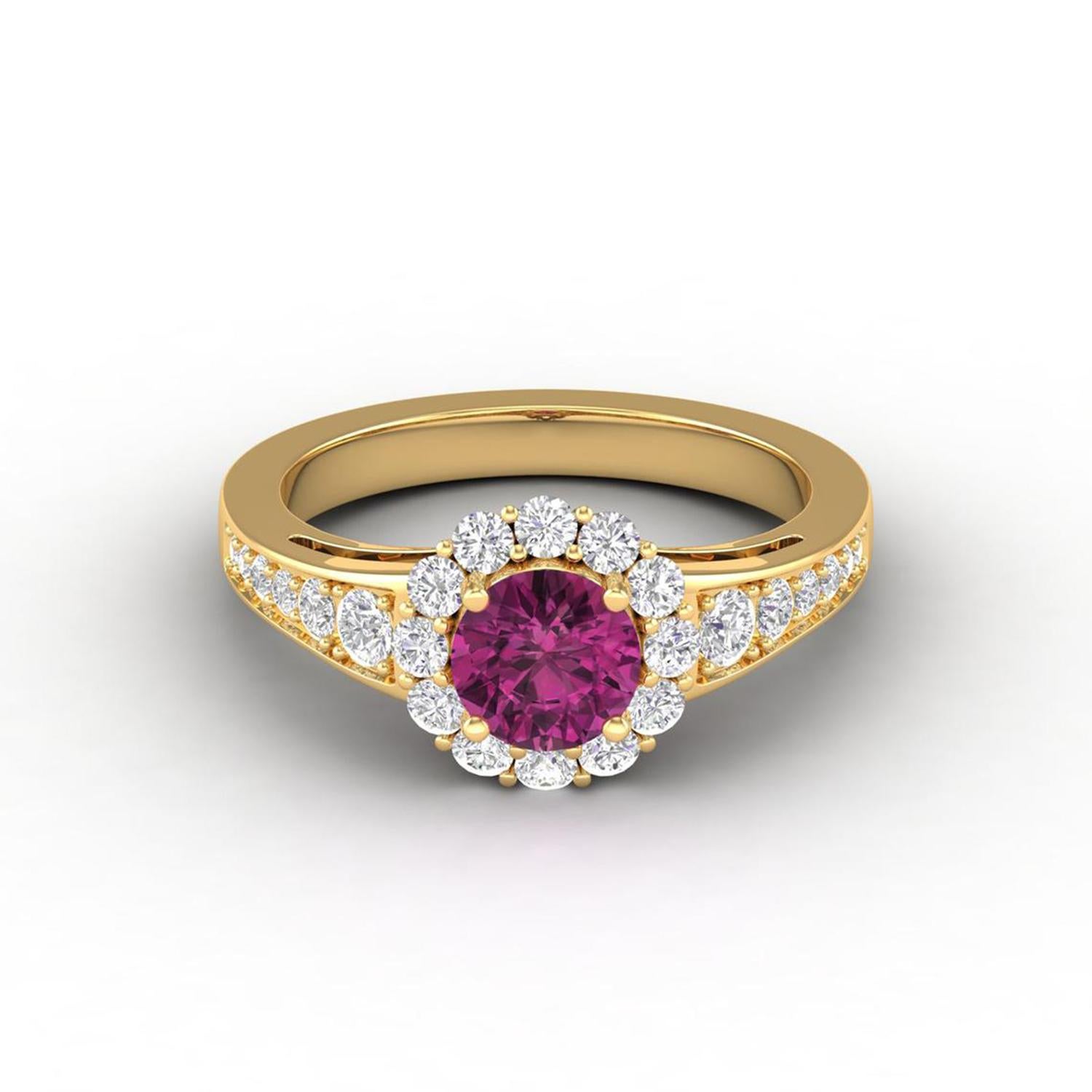 14 K Gold Rubellite Tourmaline Ring / Round Diamond Ring / Solitaire Ring For Sale 1