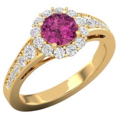 14 K Gold Rubellite Tourmaline Ring / Round Diamond Ring / Solitaire Ring