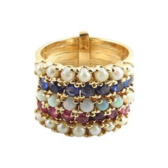 14 K Gold Ruby, Sapphire and Seed Pearl Multiband Ring