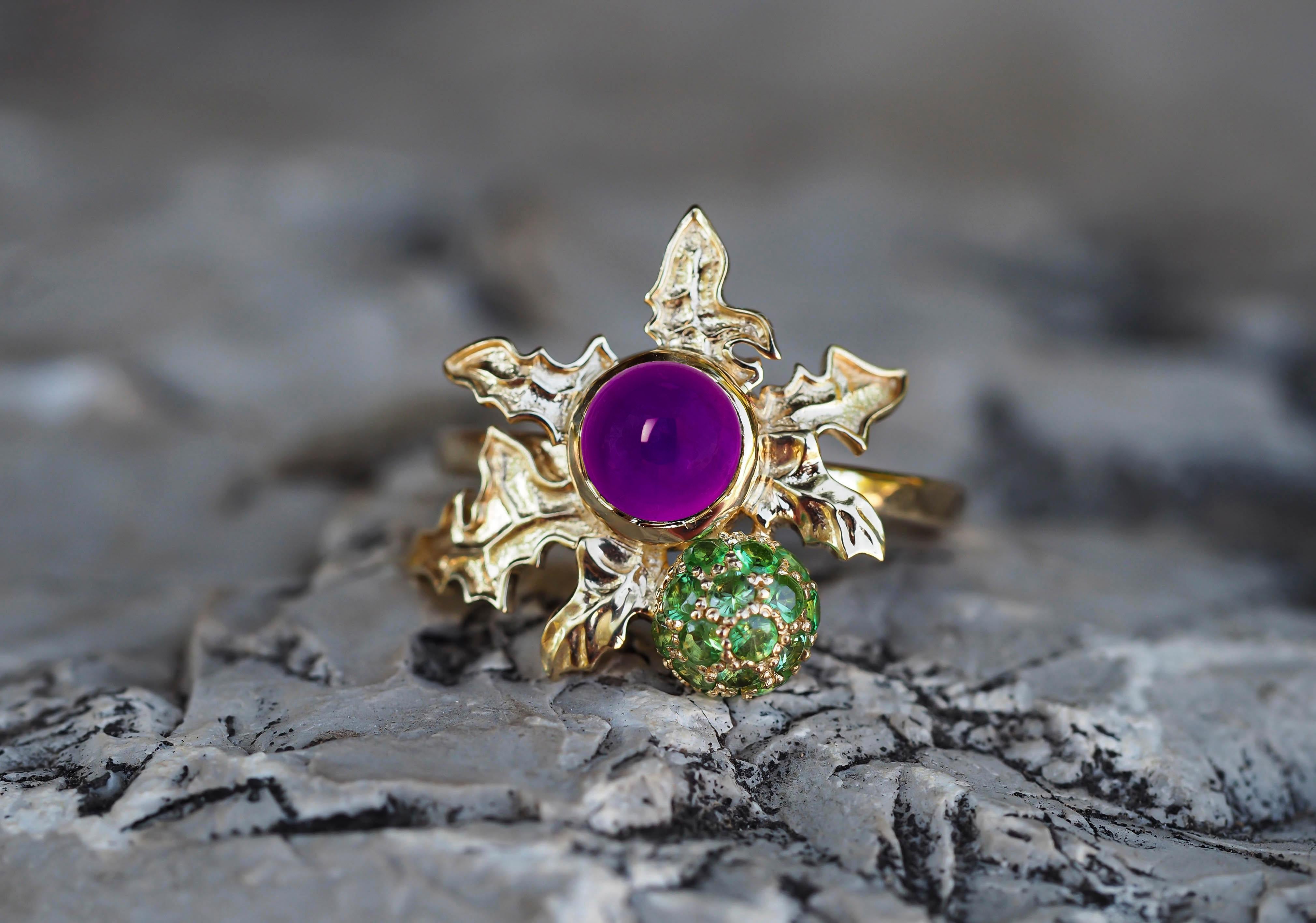 For Sale:  14 K Gold Scottish Thistle Ring with Amethyst and Peridots! 11