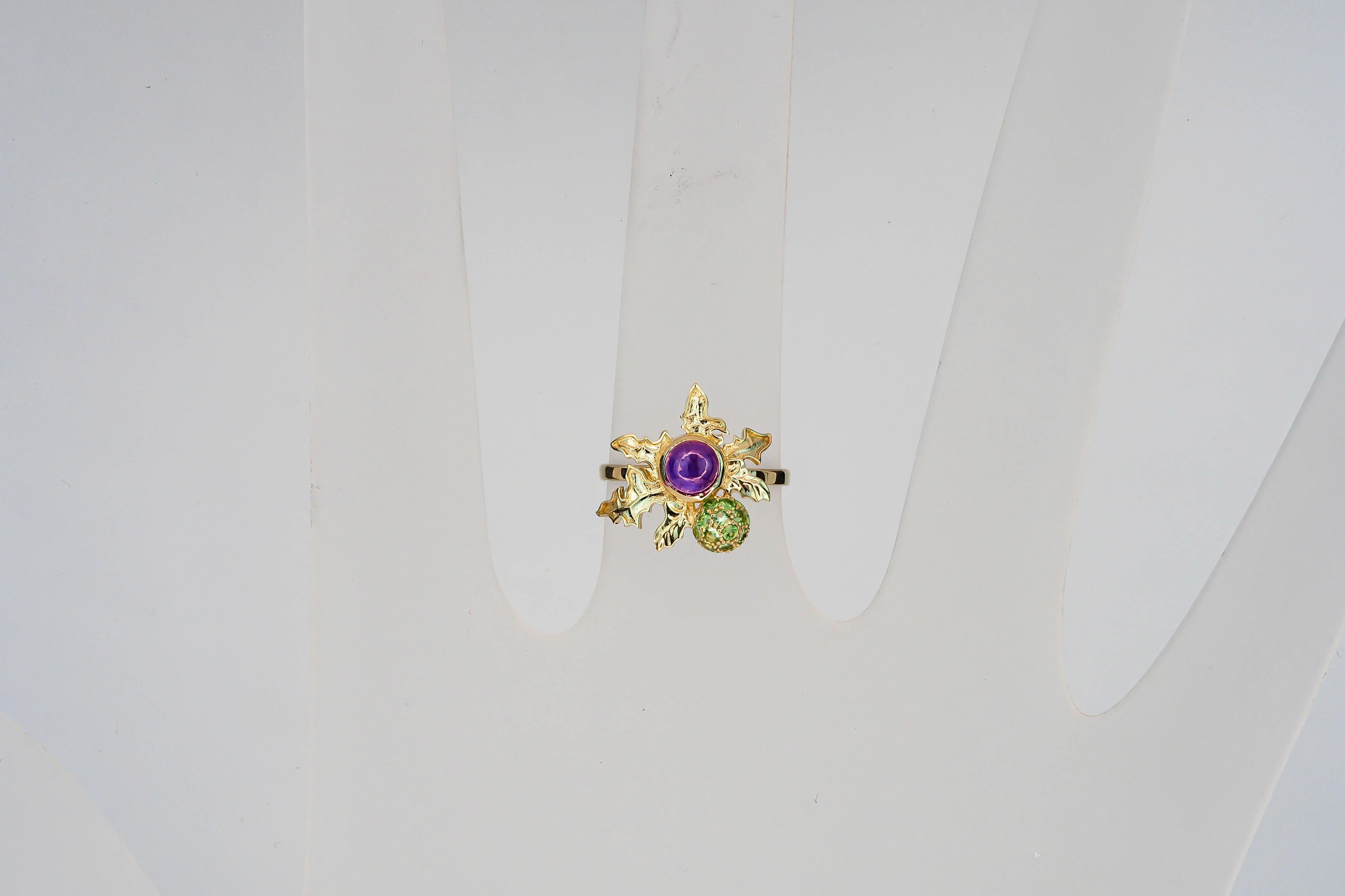 14 K Gold Scottish Thistle Ring with Amethyst and Peridots 4