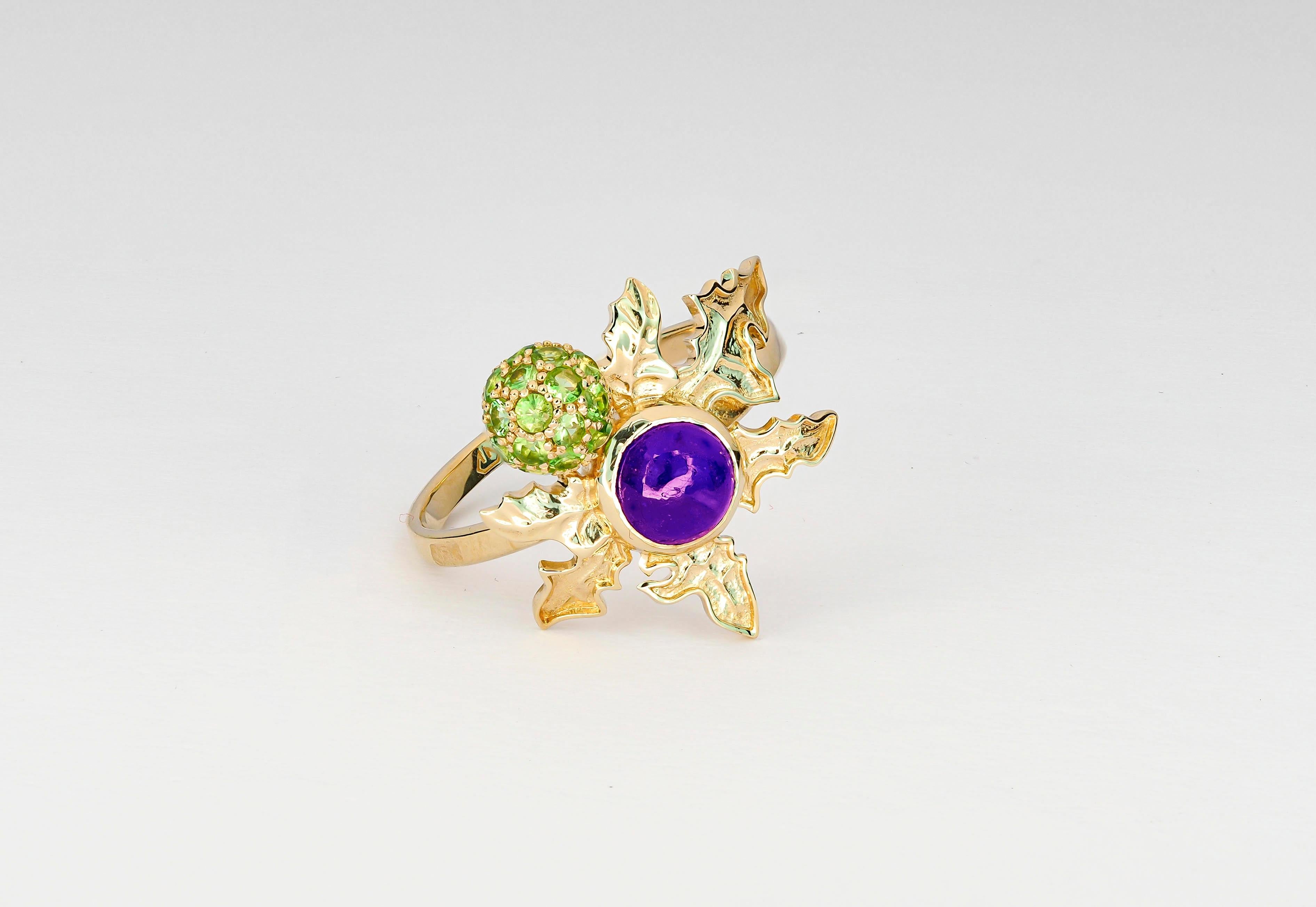 14 K Gold Scottish Thistle Ring with Amethyst and Peridots In New Condition In Istanbul, TR