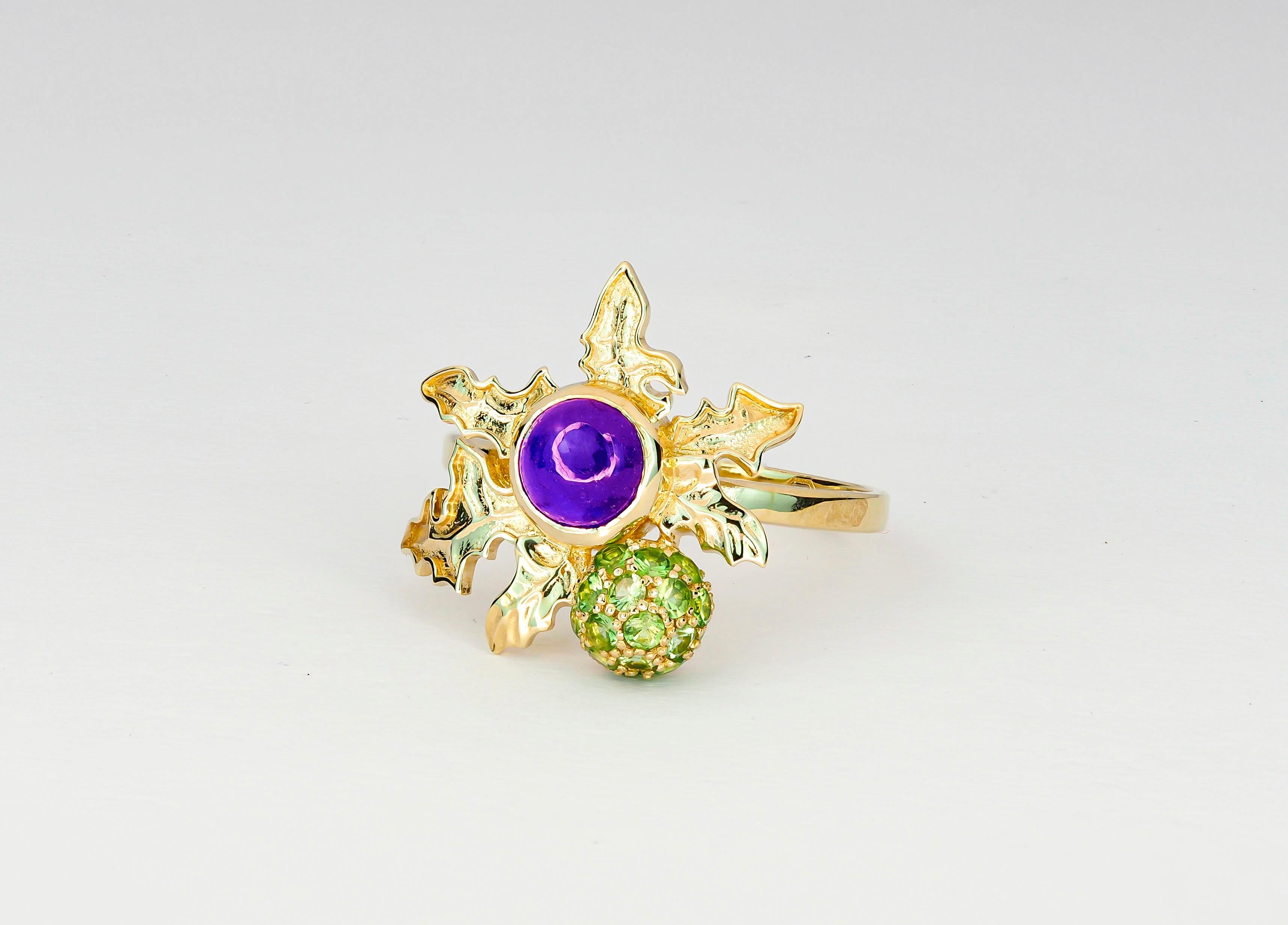 For Sale:  14K Gold Ring with Amethyst and Peridots. Scottish Thistle! 8