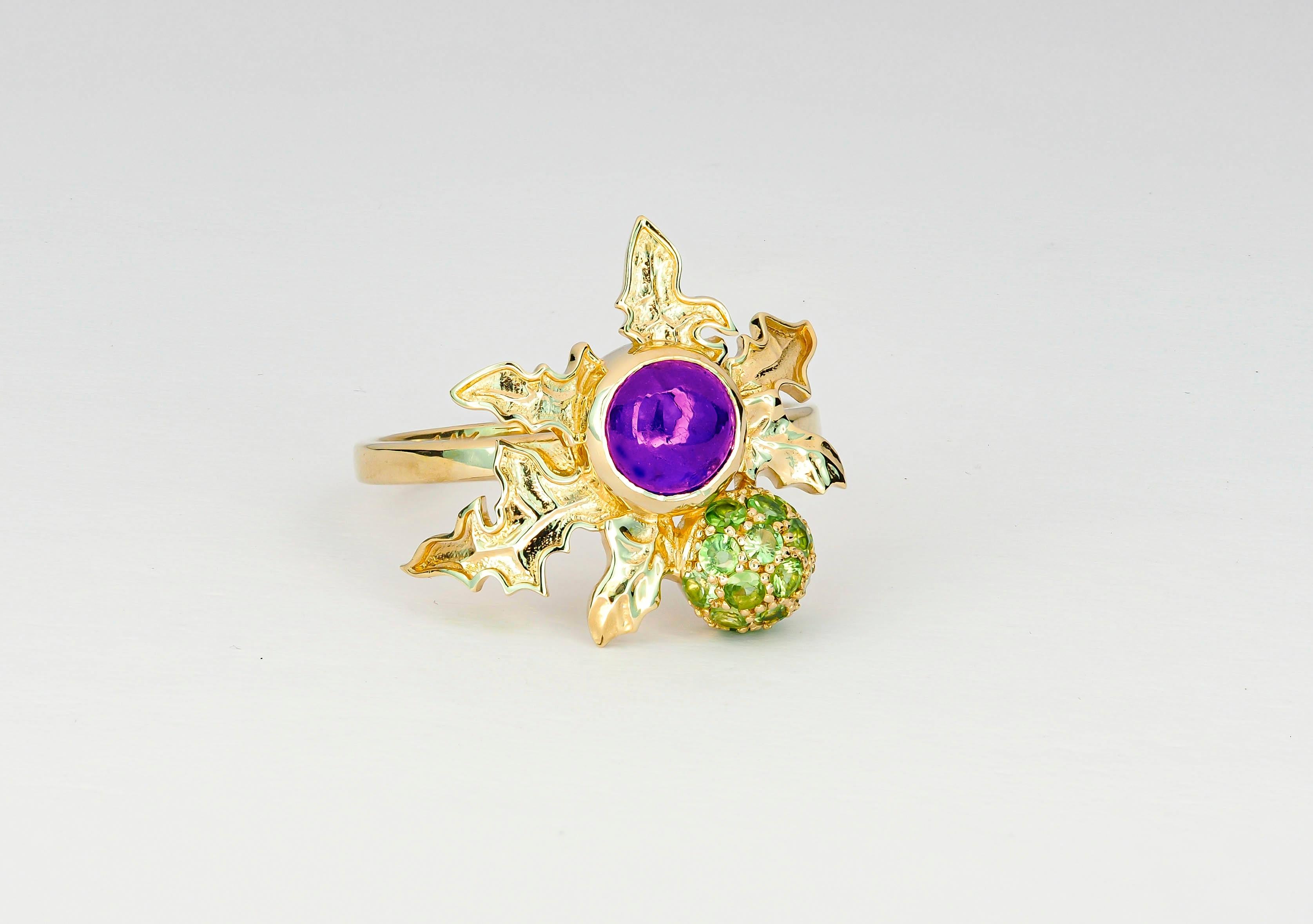 14 K Gold Scottish Thistle Ring with Amethyst and Peridots 1