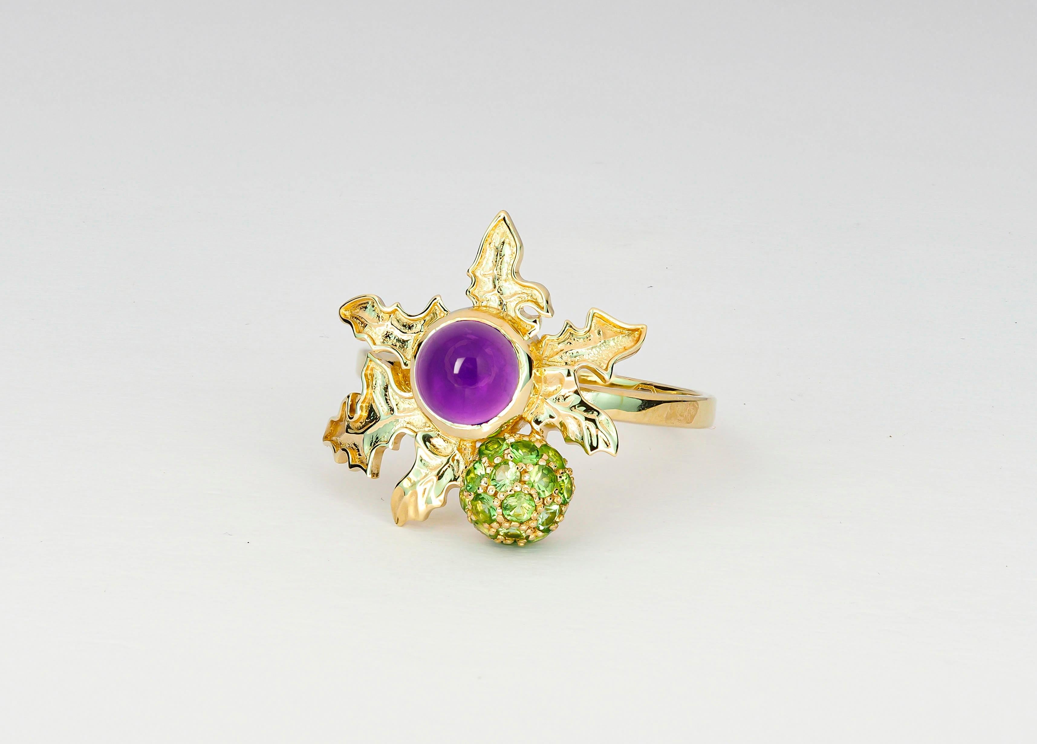 14 K Gold Scottish Thistle Ring with Amethyst and Peridots 2
