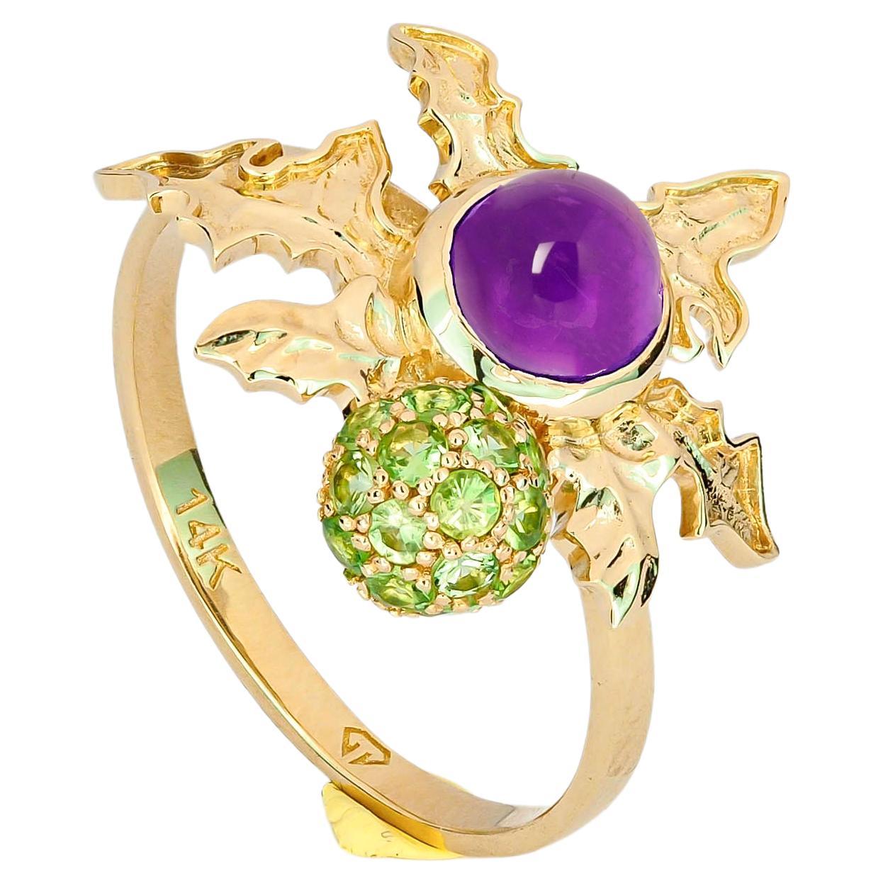14 K Gold Scottish Thistle Ring with Amethyst and Peridots!