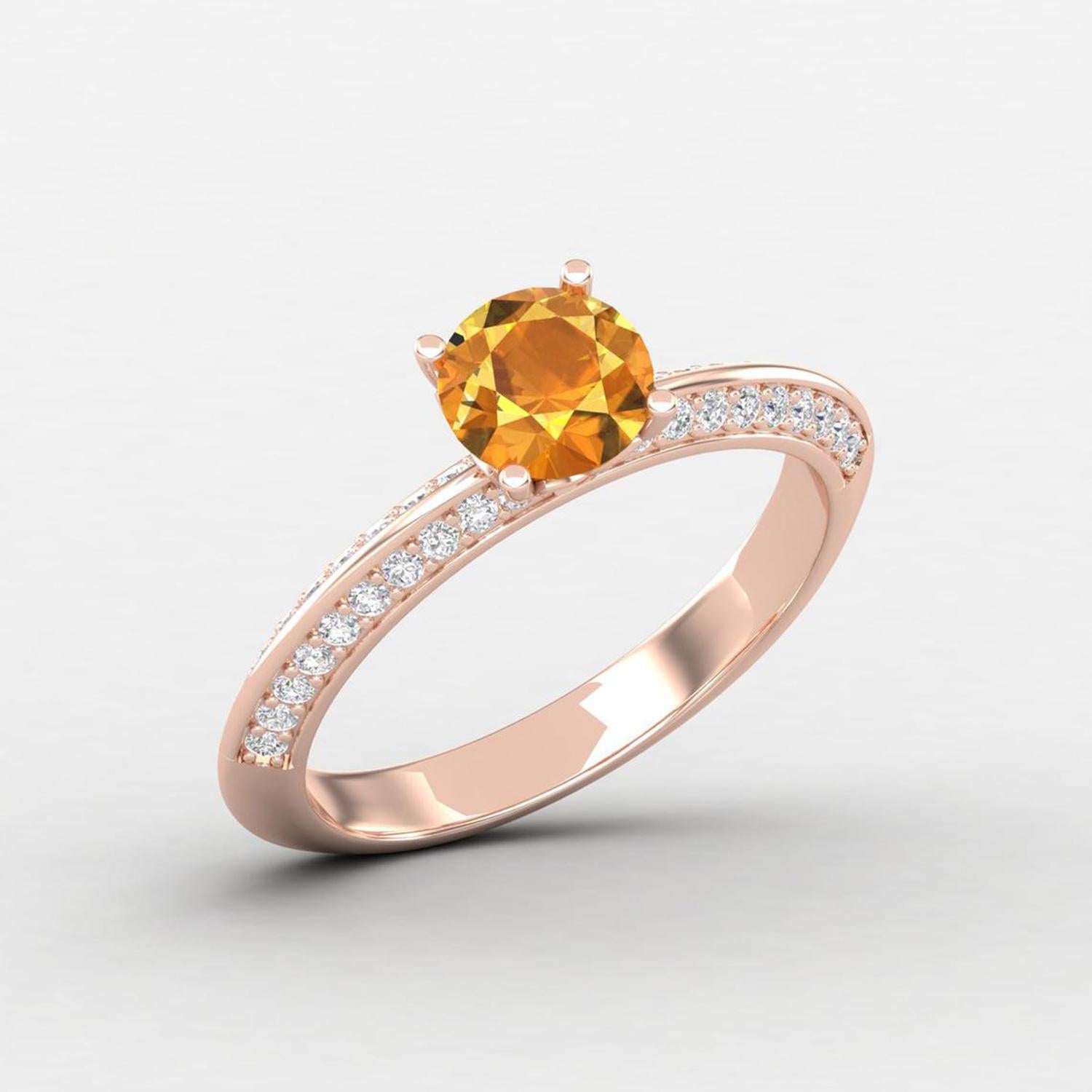 Modern 14 K Gold Yellow Citrine Ring / Diamond Solitaire Ring / Engagement Ring for Her For Sale