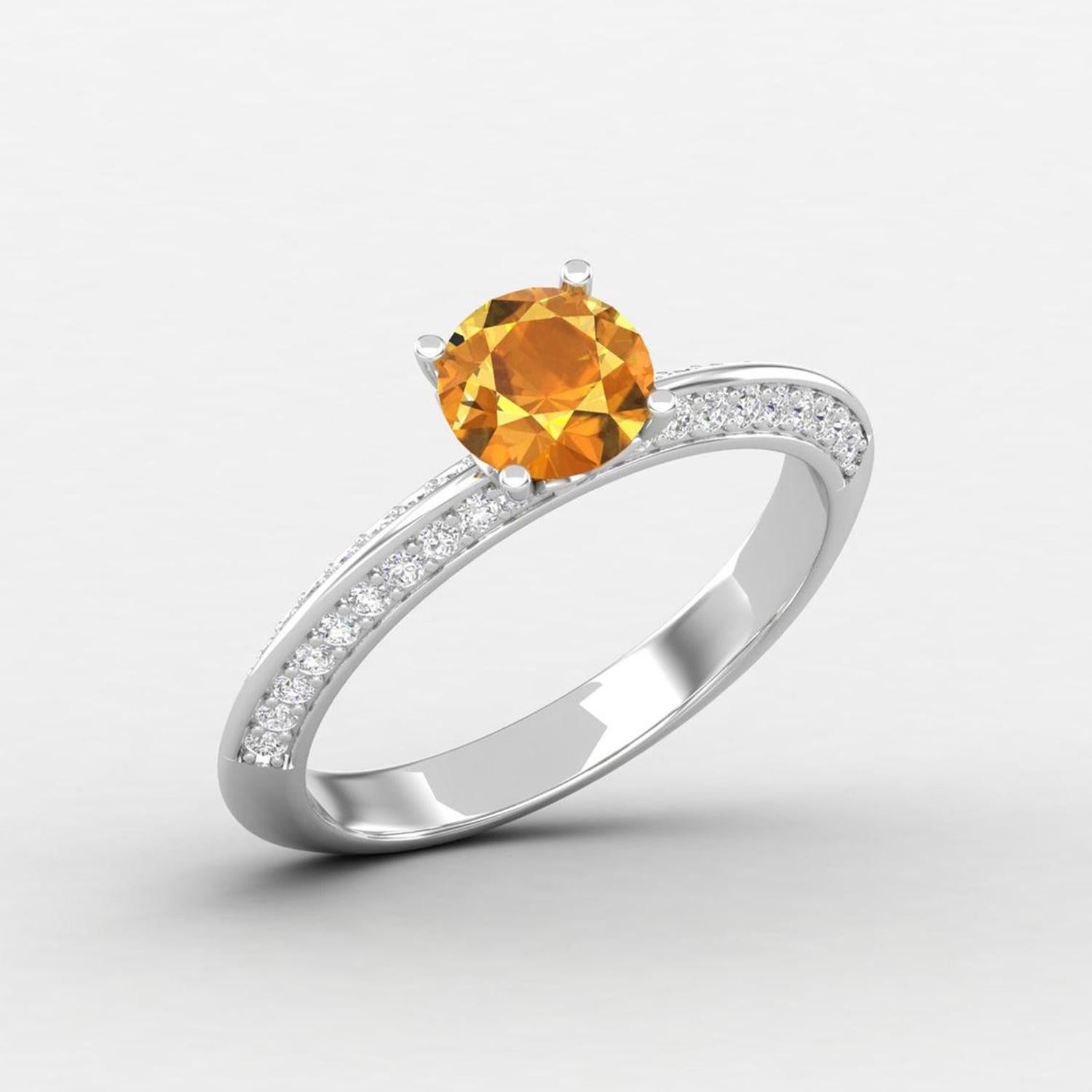 Round Cut 14 K Gold Yellow Citrine Ring / Diamond Solitaire Ring / Engagement Ring for Her For Sale