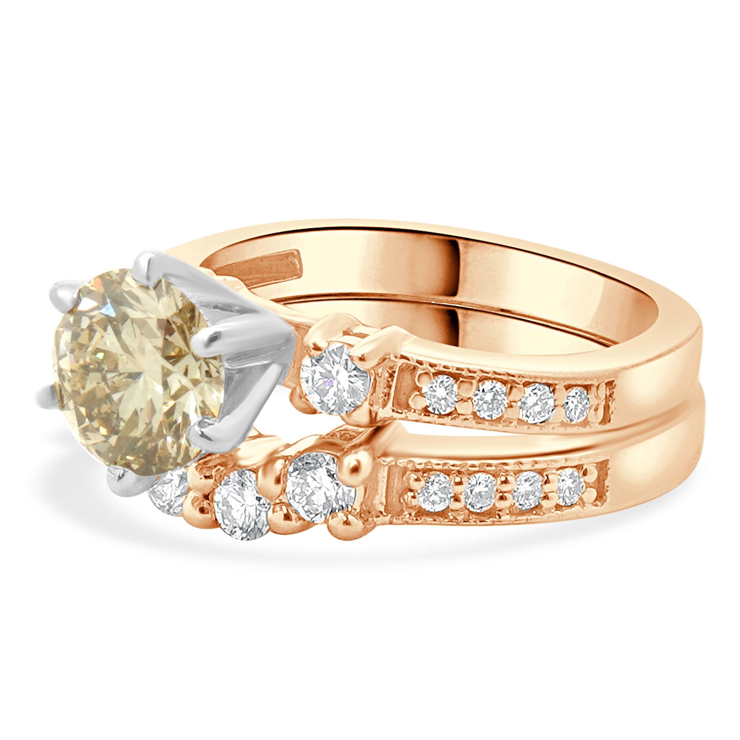 Material: 14K rose gold
Center Diamond: 1 round brilliant cut = 1.10ct
Color: champagne
Clarity: VS2
Diamond: 22 round brilliant cut = 0.49cttw
Color: I
Clarity: VS2
Ring Size: 3.75 (please allow up to 2 additional business days for sizing