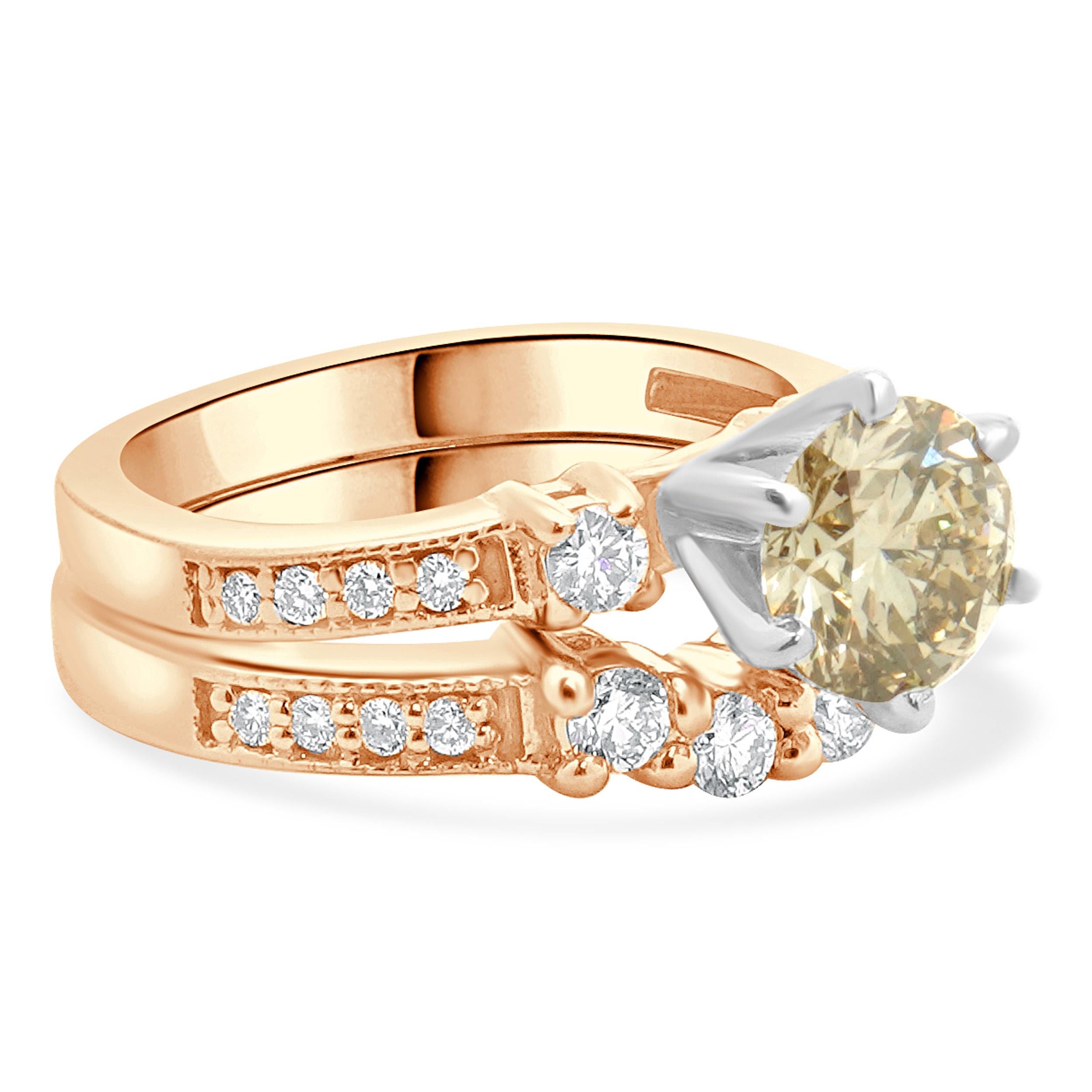 14 K Rose Gold Champagne Round Brilliant Cut Diamond Engagement Ring In Good Condition For Sale In Scottsdale, AZ
