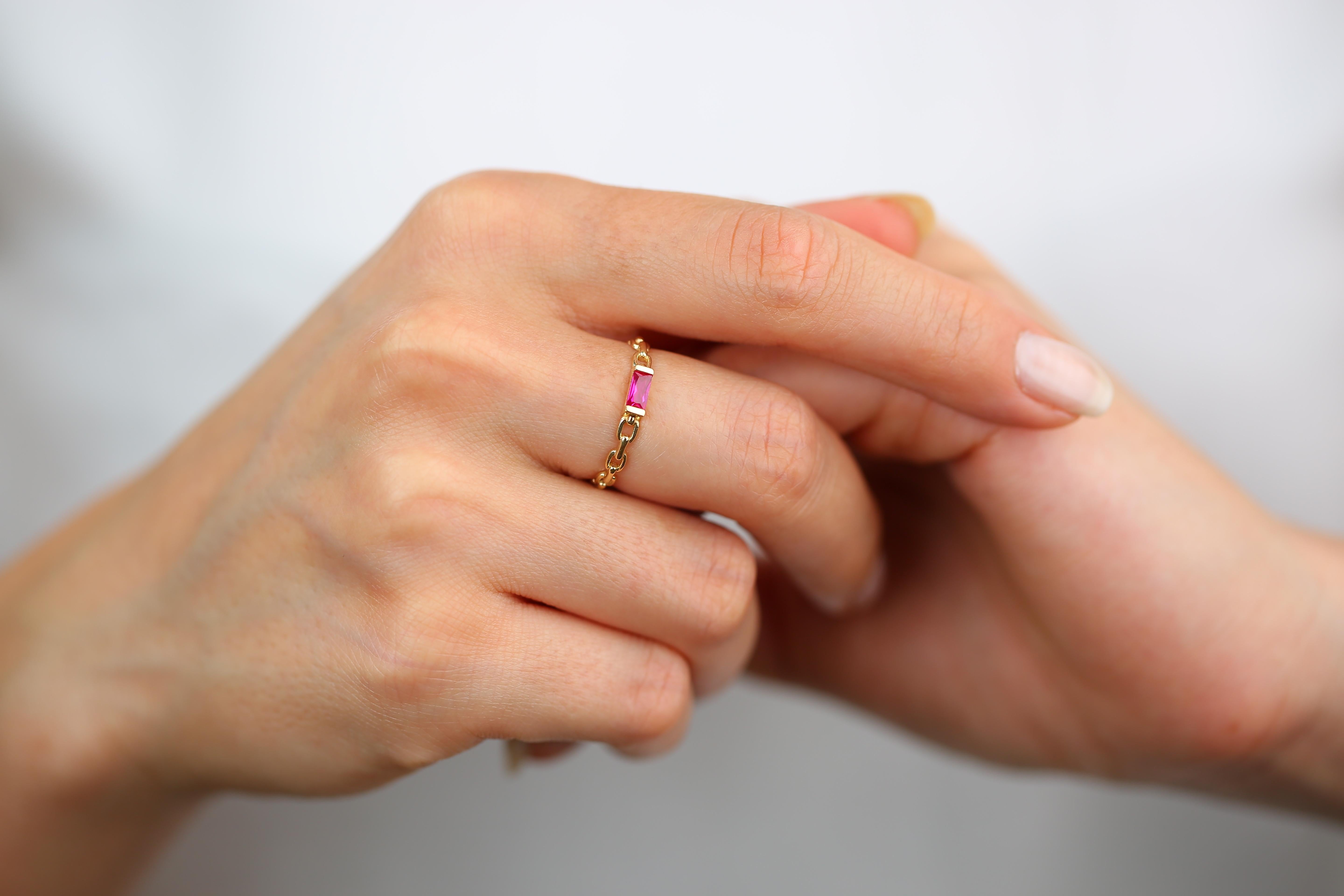 For Sale:  14 K Solid Gold Chain Link Ring -with Pink Quartz, Modern Minimal Ring 10