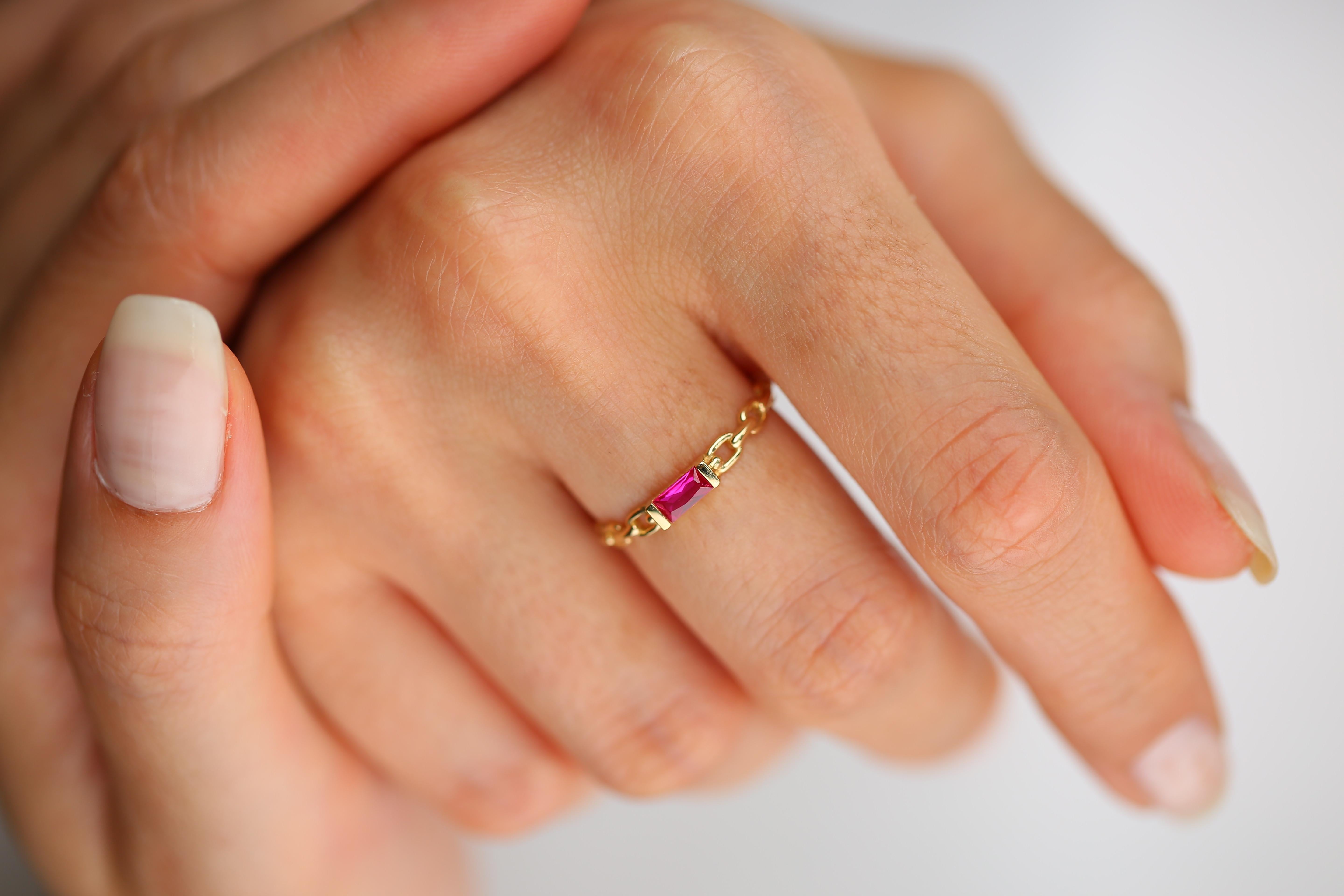 For Sale:  14 K Solid Gold Chain Link Ring -with Pink Quartz, Modern Minimal Ring 14