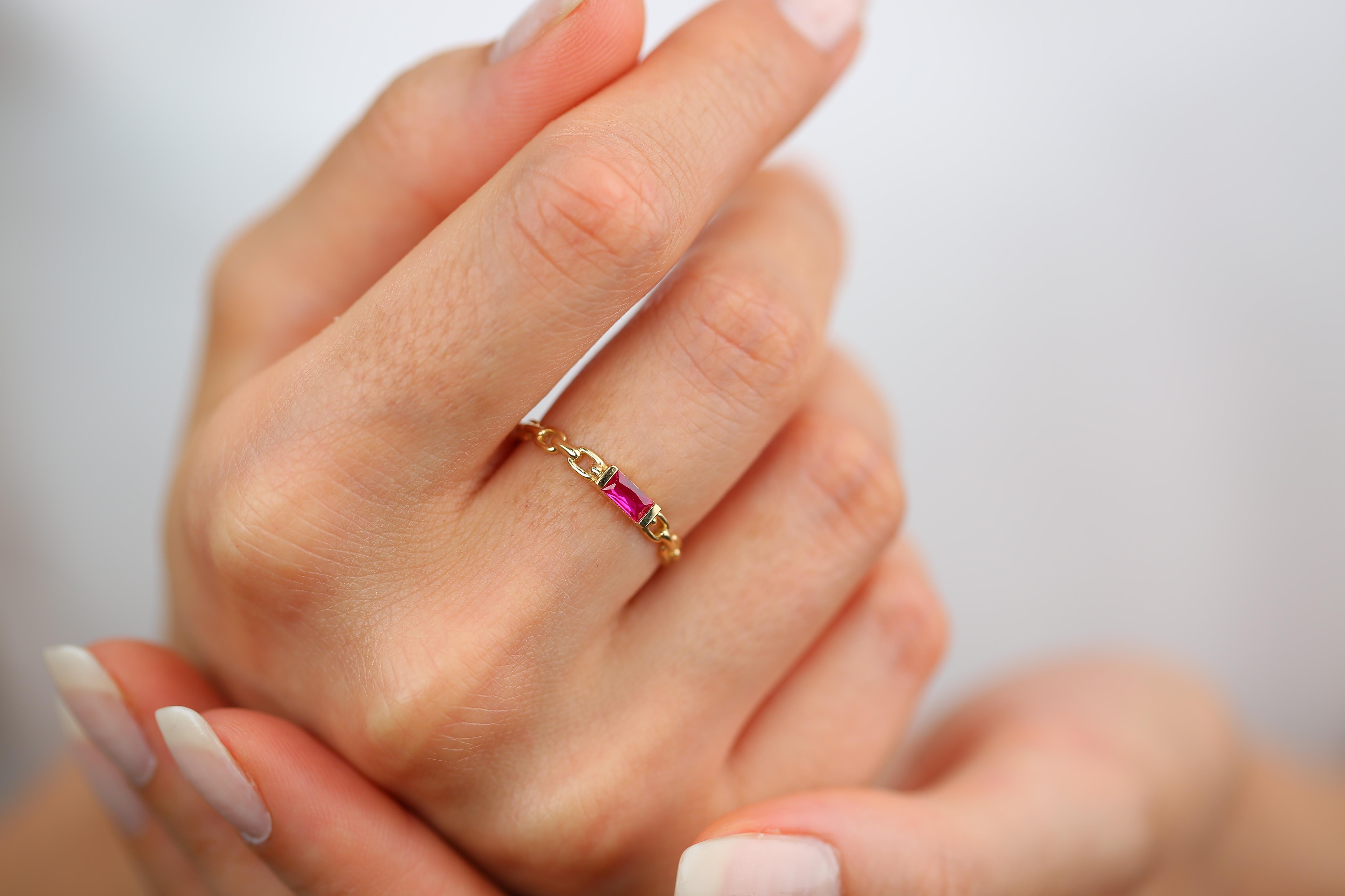 For Sale:  14 K Solid Gold Chain Link Ring -with Pink Quartz, Modern Minimal Ring 15