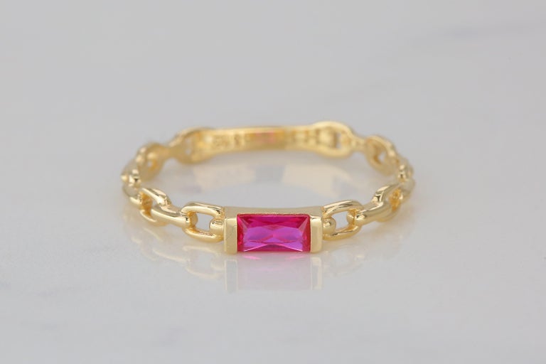 Customizable 14 K Solid Gold Chain Link Ring -with Pink Quartz, Modern ...