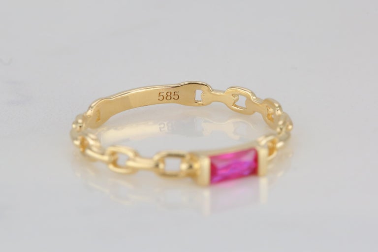 Customizable 14 K Solid Gold Chain Link Ring -with Pink Quartz, Modern ...
