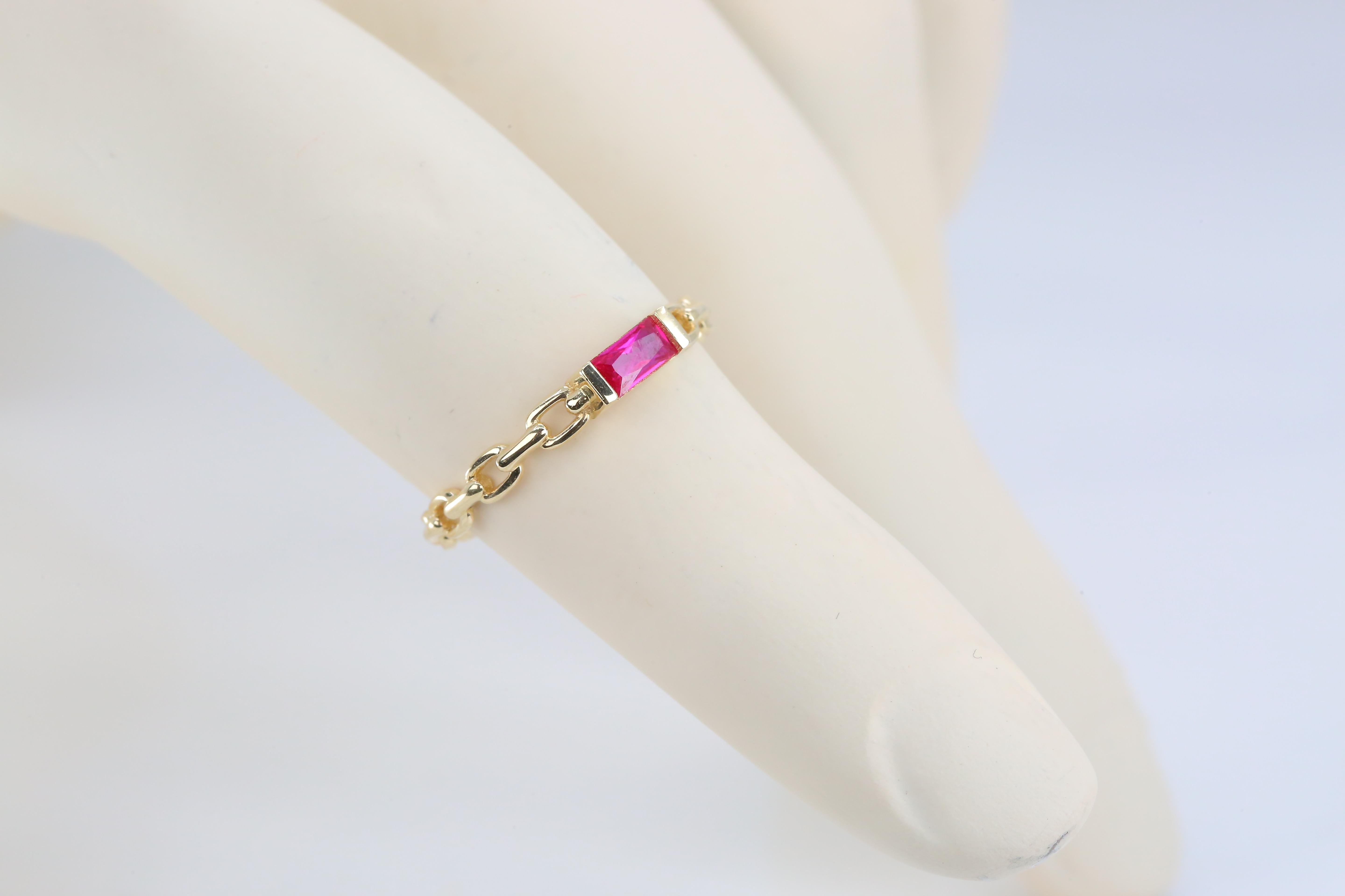 For Sale:  14 K Solid Gold Chain Link Ring -with Pink Quartz, Modern Minimal Ring 7