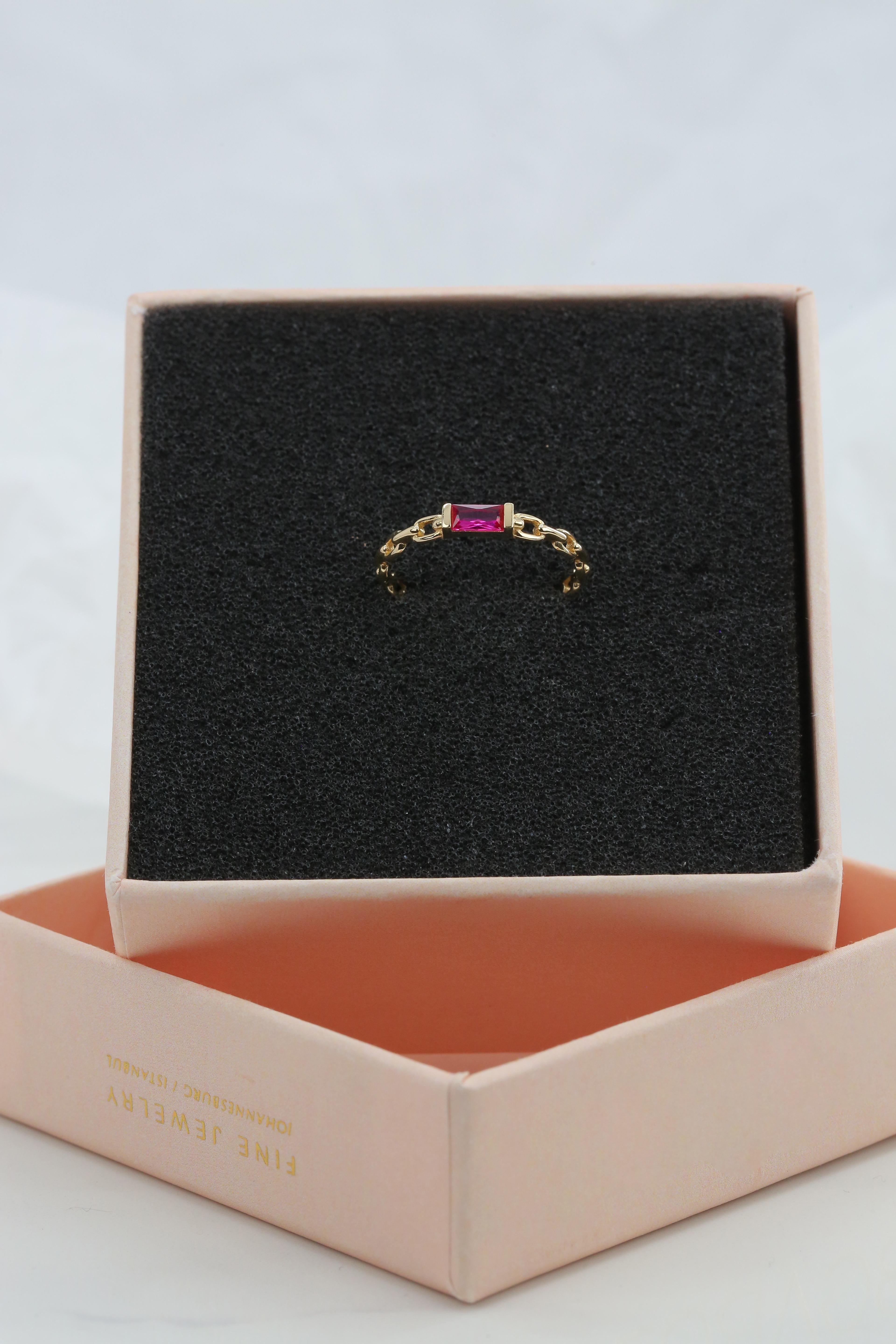 For Sale:  14 K Solid Gold Chain Link Ring -with Pink Quartz, Modern Minimal Ring 9