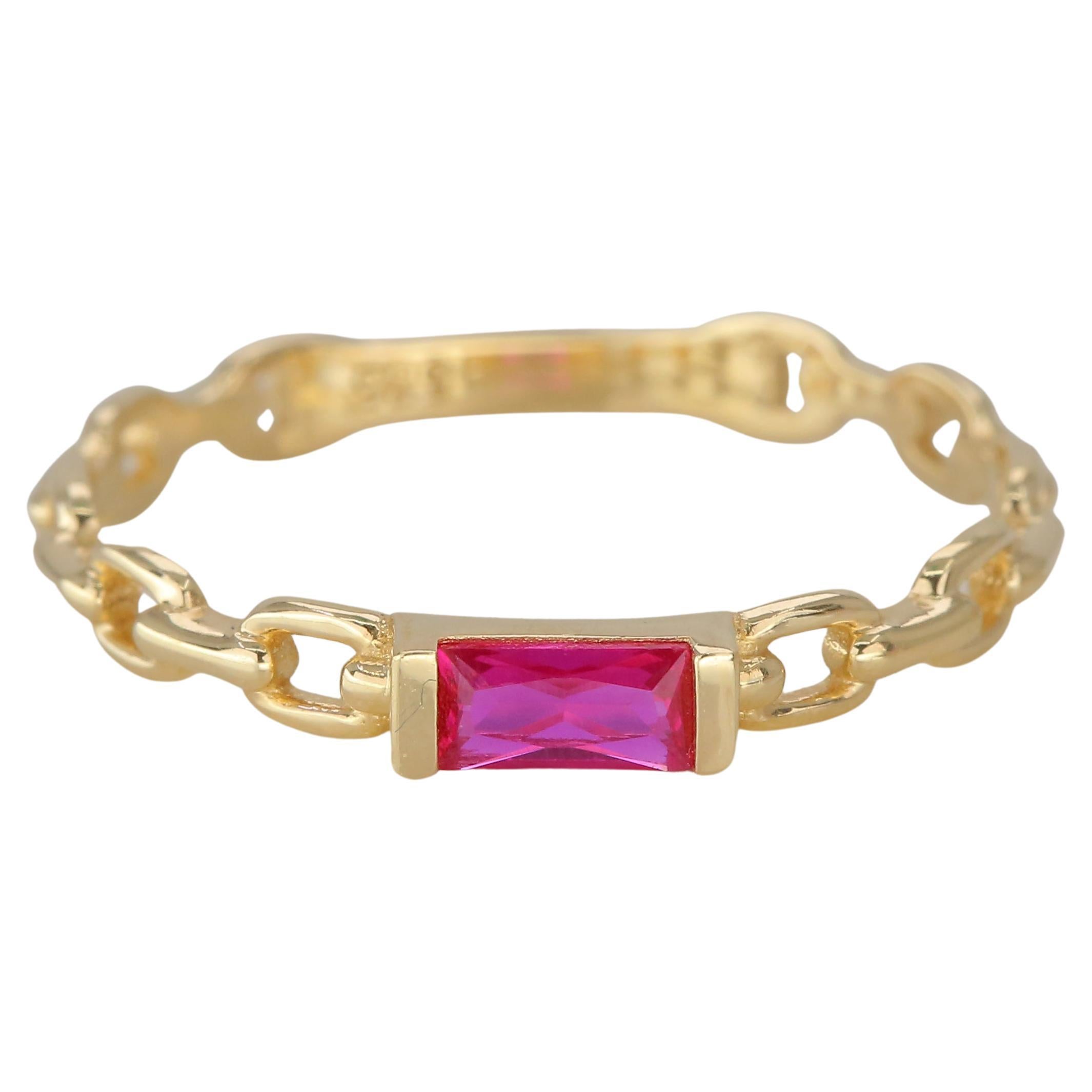 For Sale:  14 K Solid Gold Chain Link Ring -with Pink Quartz, Modern Minimal Ring