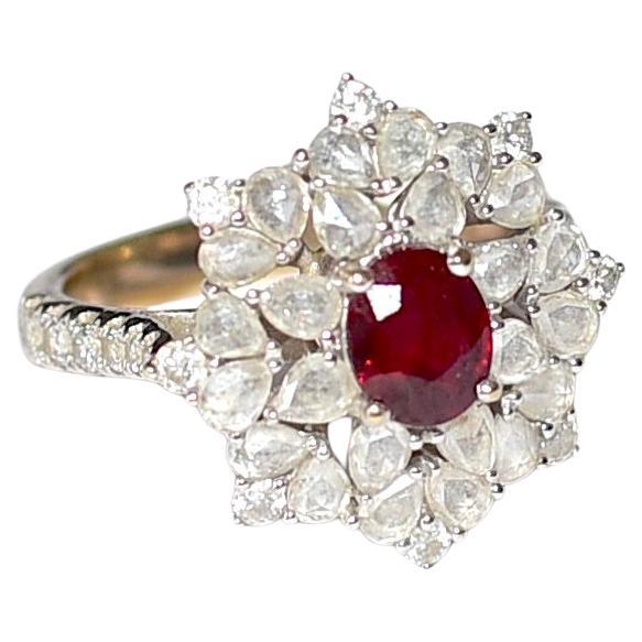 Anillo de diamantes de oro blanco macizo de 14 quilates con rubí