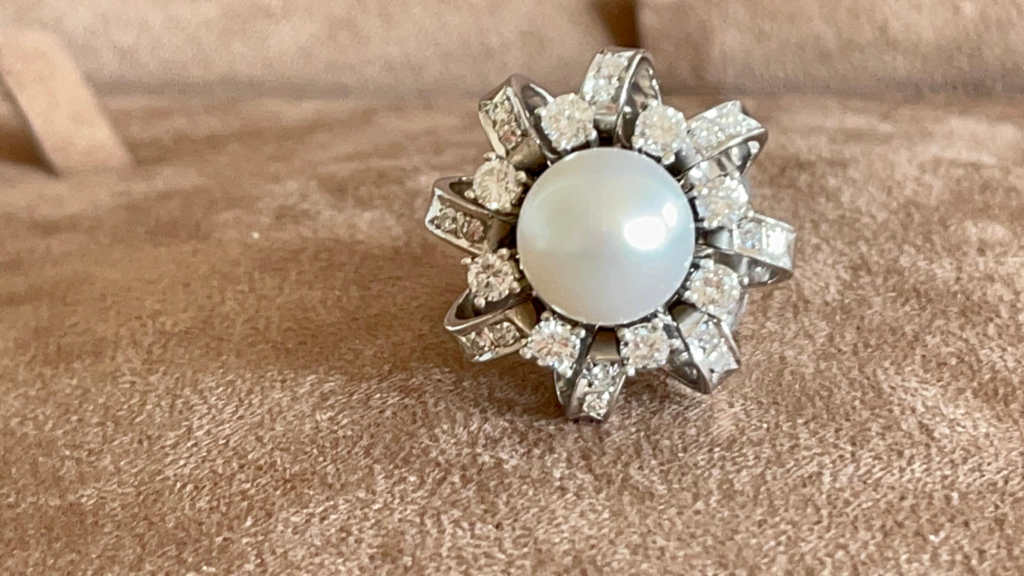 14 K Weißgold Vintage Cocktail-Ring mit Südseeperlen-Diamant im Angebot 5