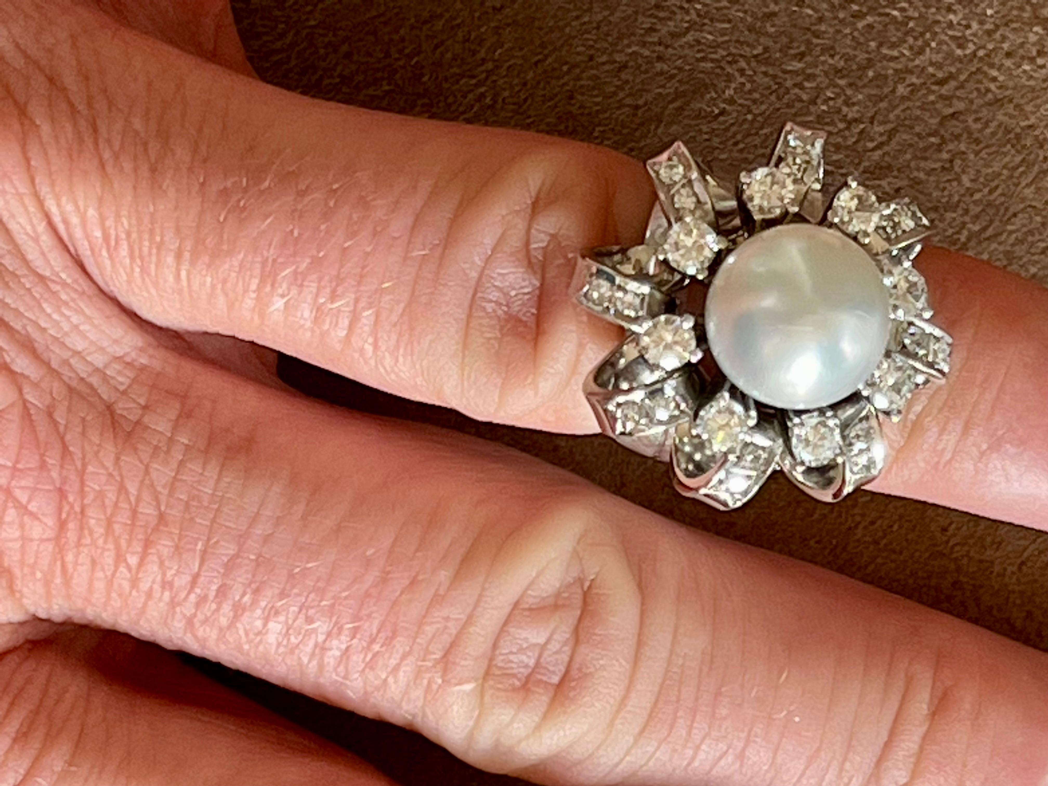 14 K Weißgold Vintage Cocktail-Ring mit Südseeperlen-Diamant Damen im Angebot