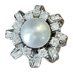 Anello da cocktail vintage in oro bianco 14 K con diamante dei mari del sud