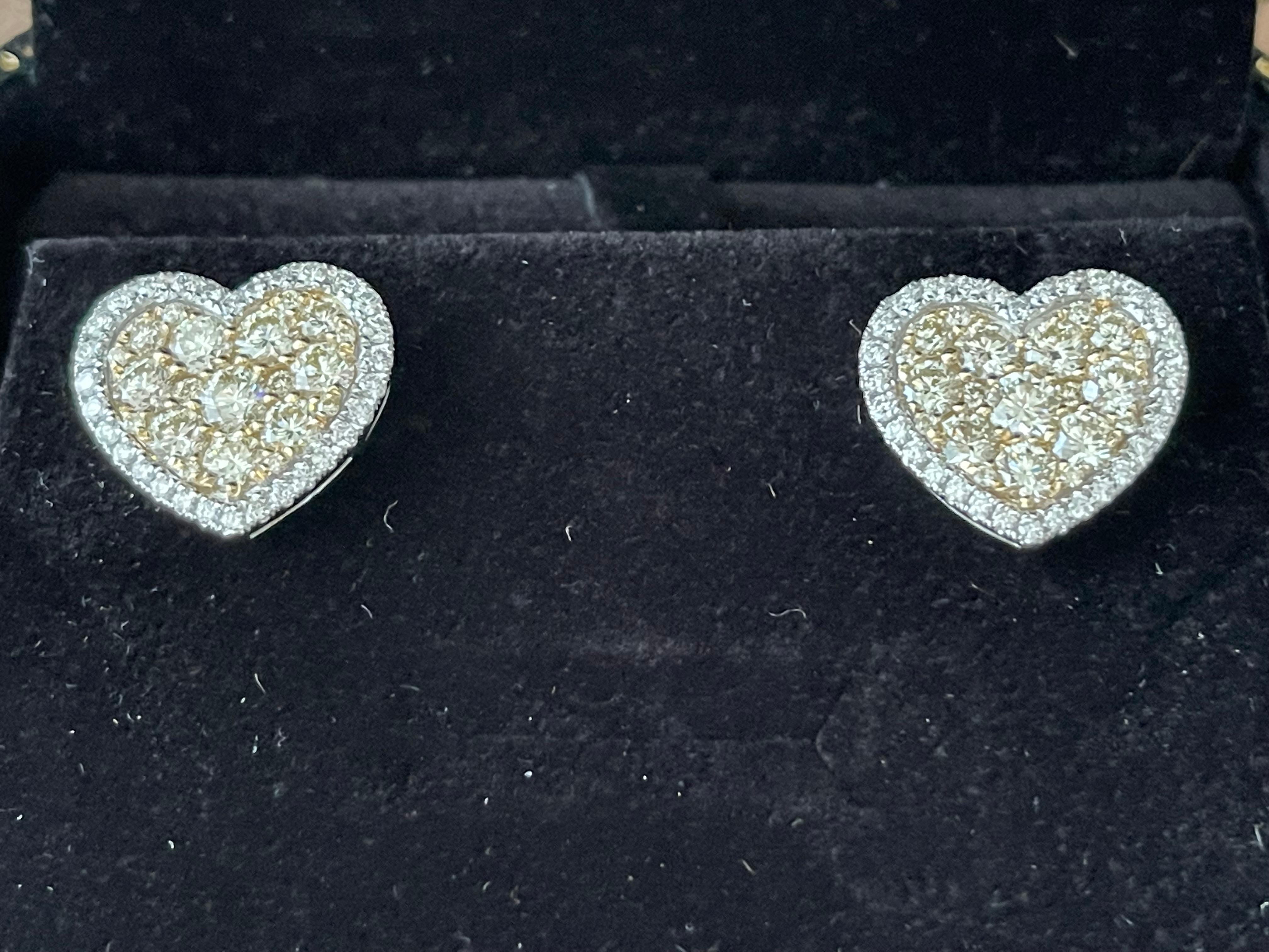 14 K Yelllow and White Gold 3.86 Total Carat Heart Shaped Earrings For Sale 4