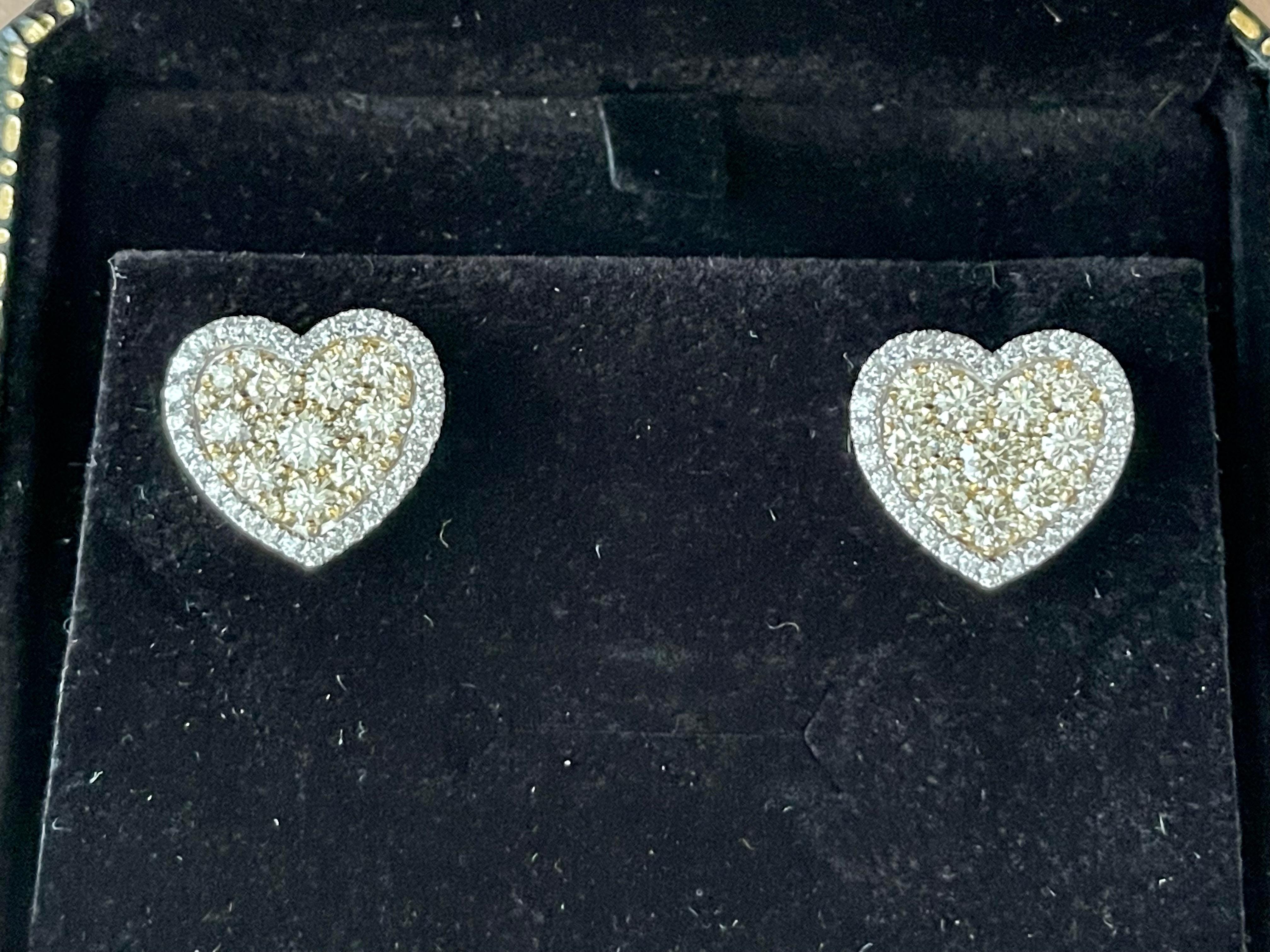 14 K Yelllow and White Gold 3.86 Total Carat Heart Shaped Earrings For Sale 5