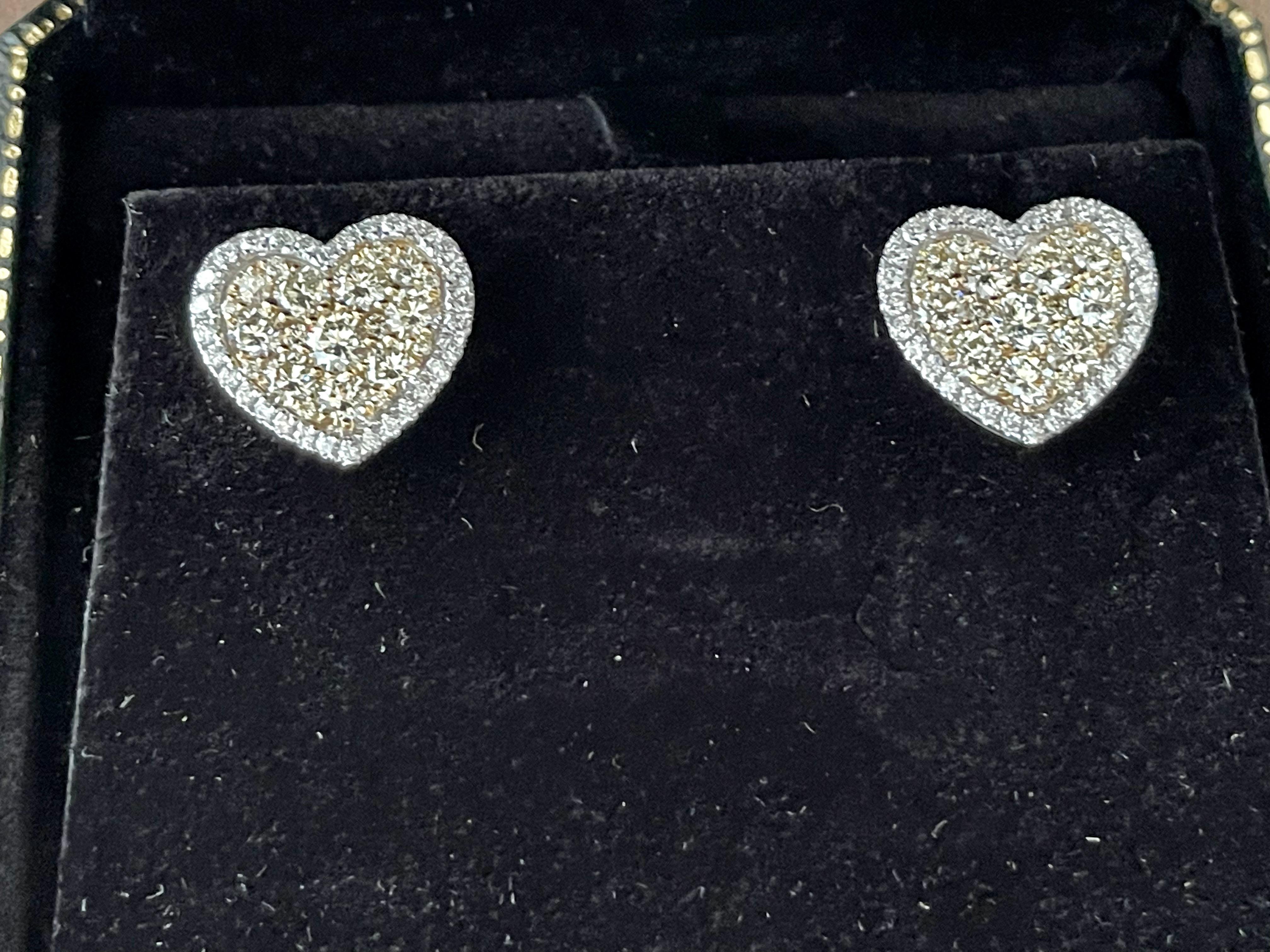 14 K Yelllow and White Gold 3.86 Total Carat Heart Shaped Earrings For Sale 6