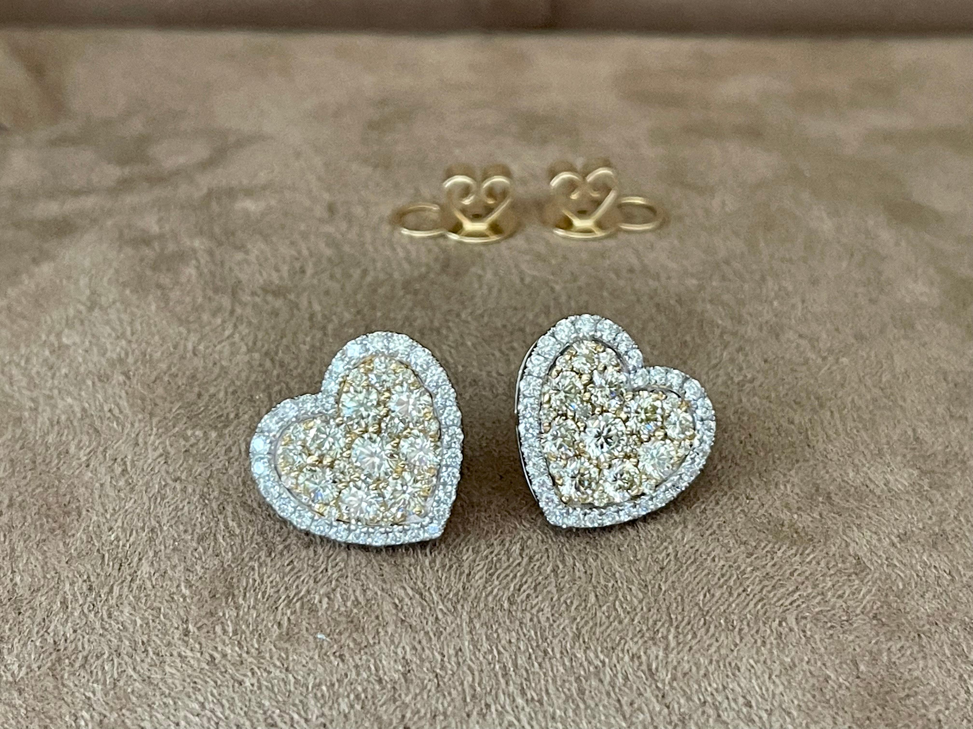 14 K Yelllow and White Gold 3.86 Total Carat Heart Shaped Earrings For Sale 1