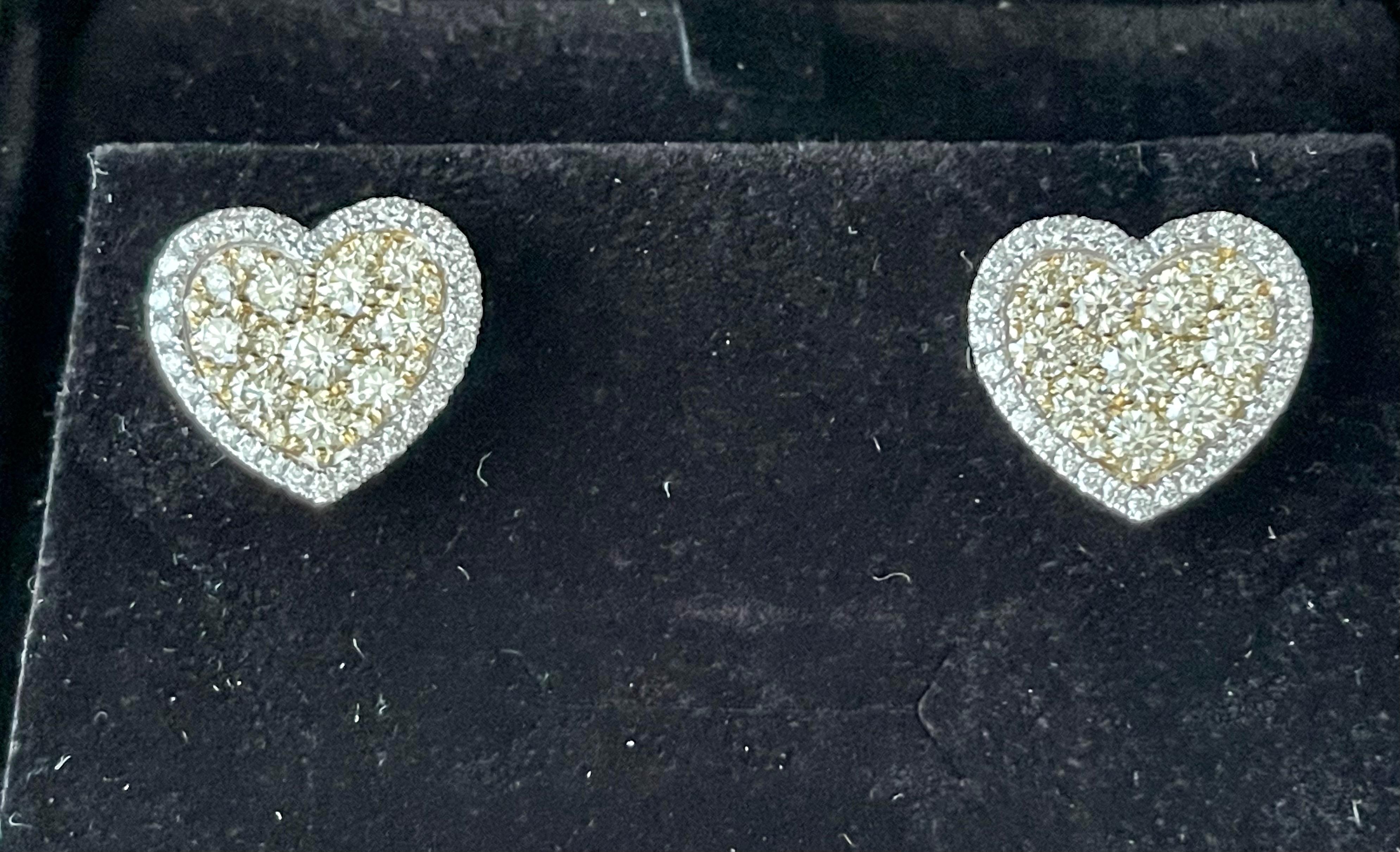 14 K Yelllow and White Gold 3.86 Total Carat Heart Shaped Earrings For Sale 3