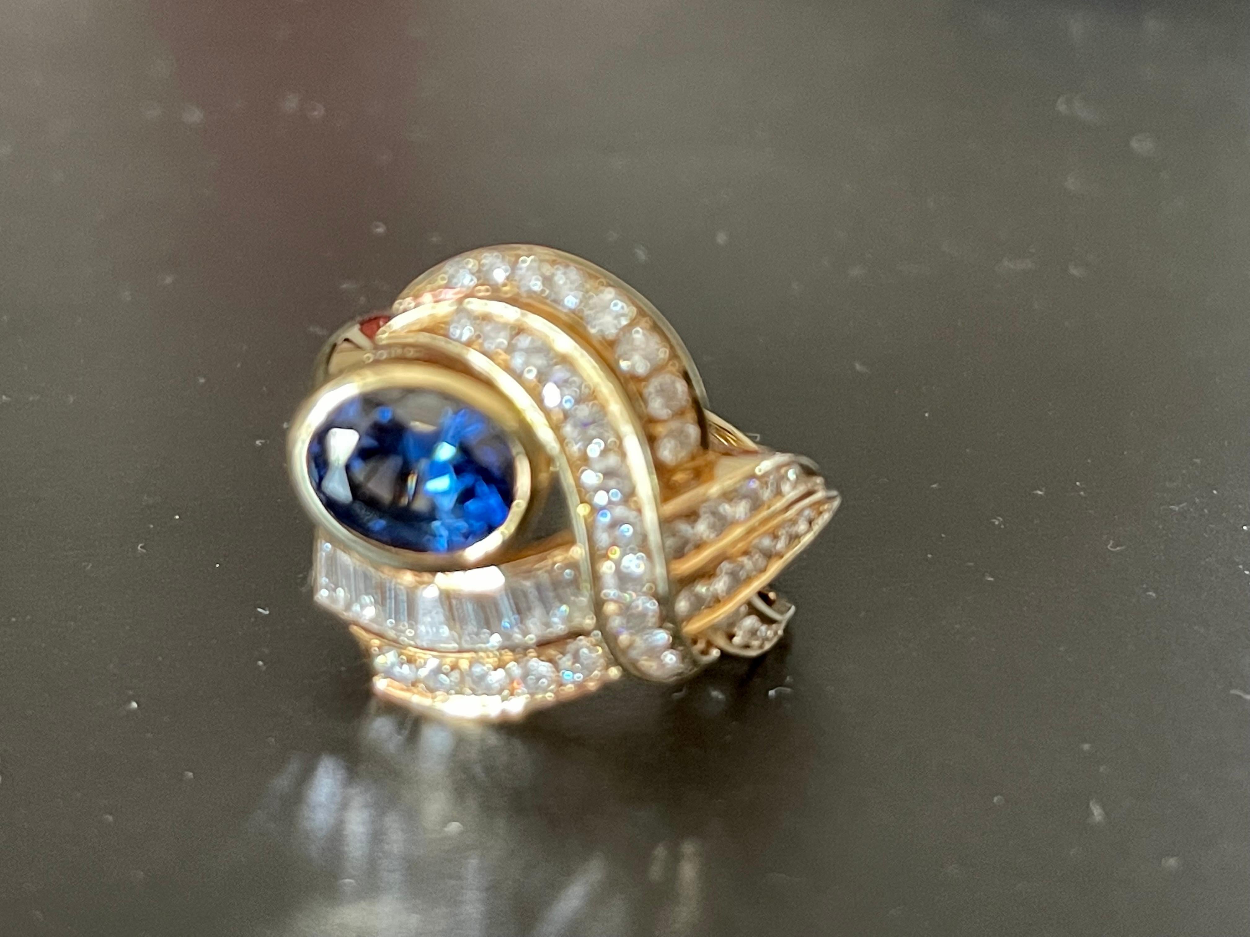 14 K Yellow Gold 1980s Cocktail Ring Sapphire Diamonds For Sale 2