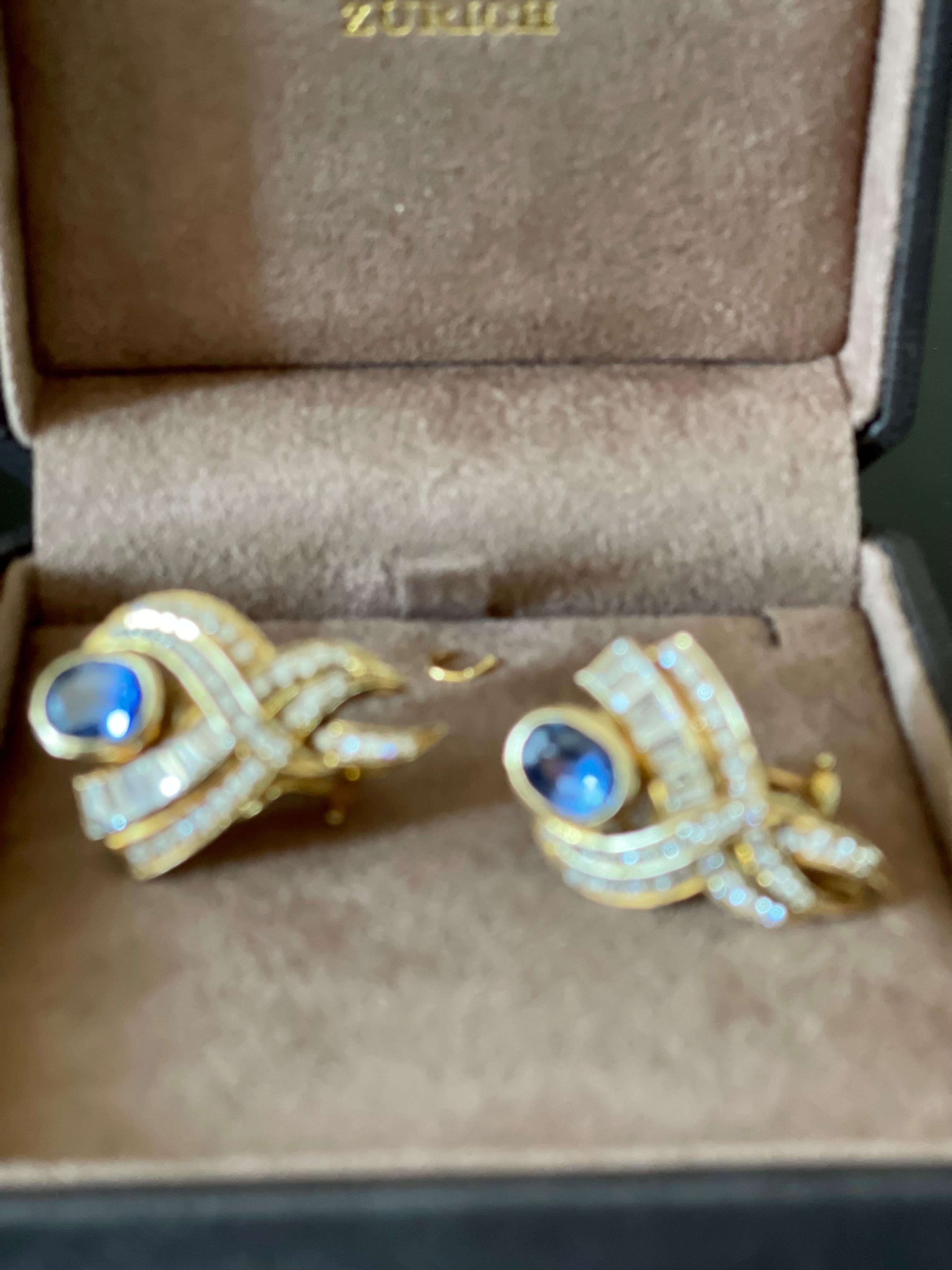 14 K Yellow Gold 1980s Ear Clips Sapphire Diamonds For Sale 5