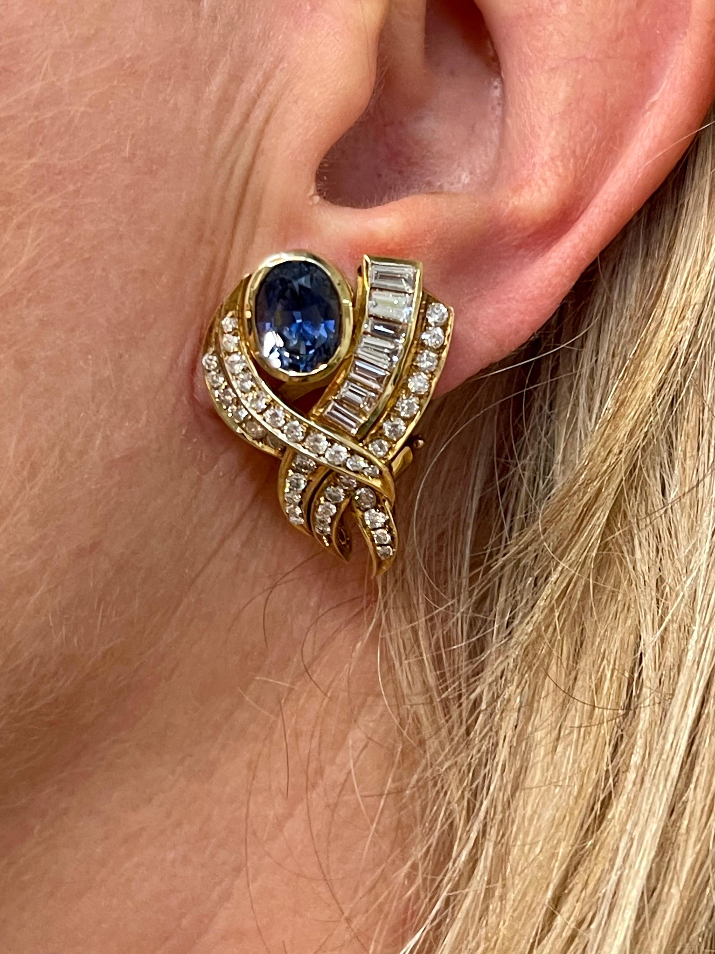 14 K Yellow Gold 1980s Ear Clips Sapphire Diamonds For Sale 6