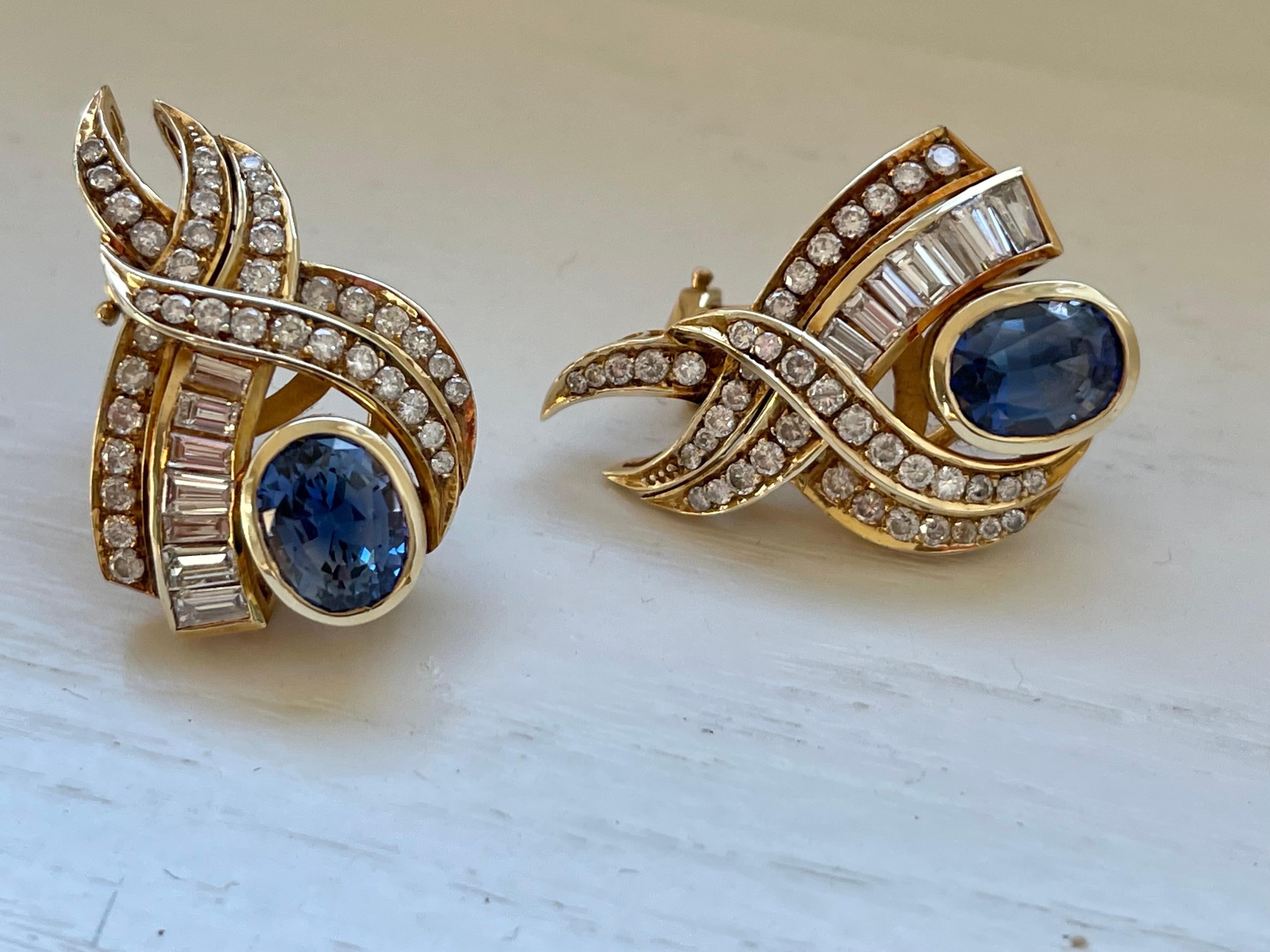 14 K Yellow Gold 1980s Ear Clips Sapphire Diamonds For Sale 9