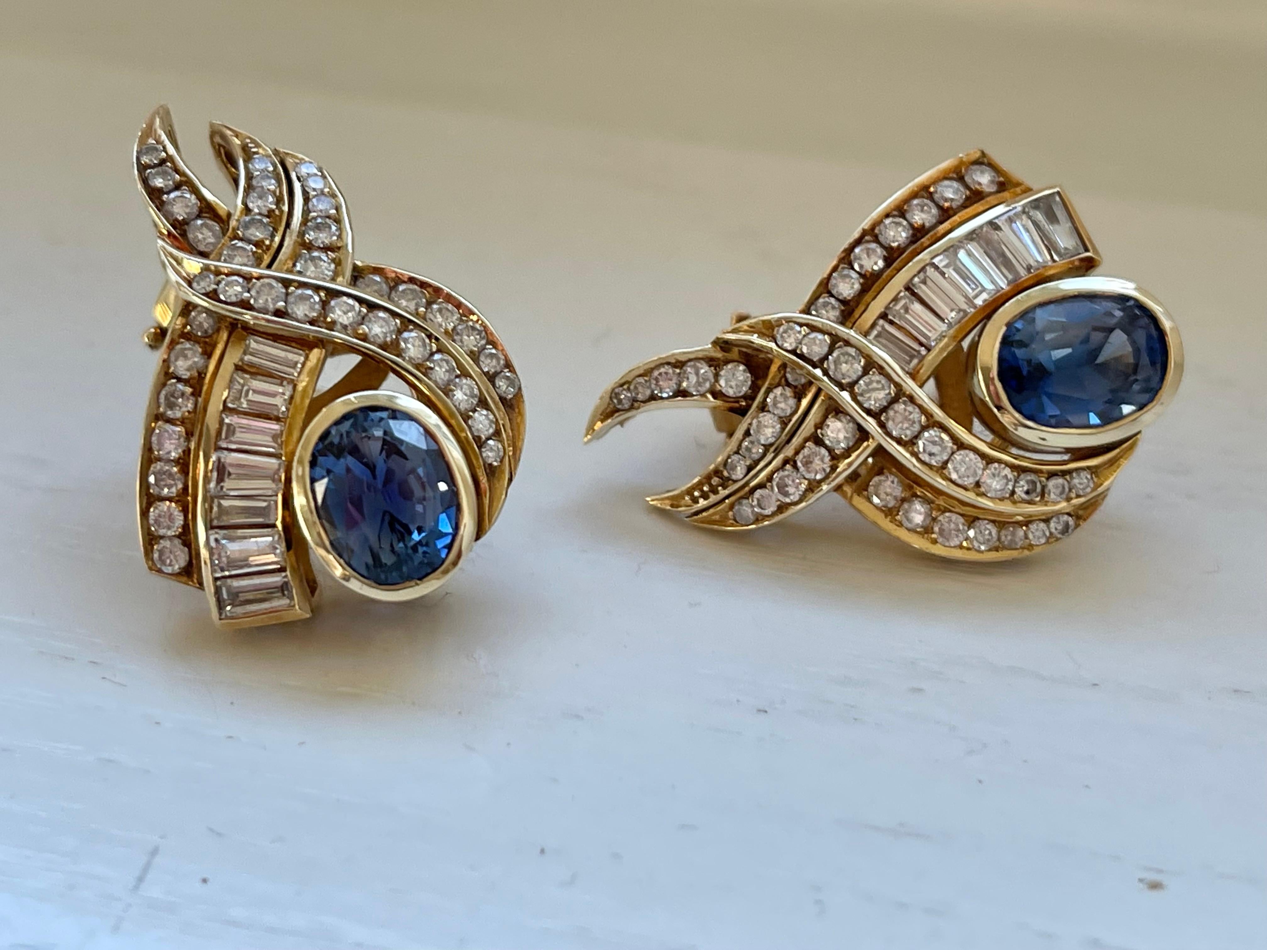 14 K Yellow Gold 1980s Ear Clips Sapphire Diamonds For Sale 10