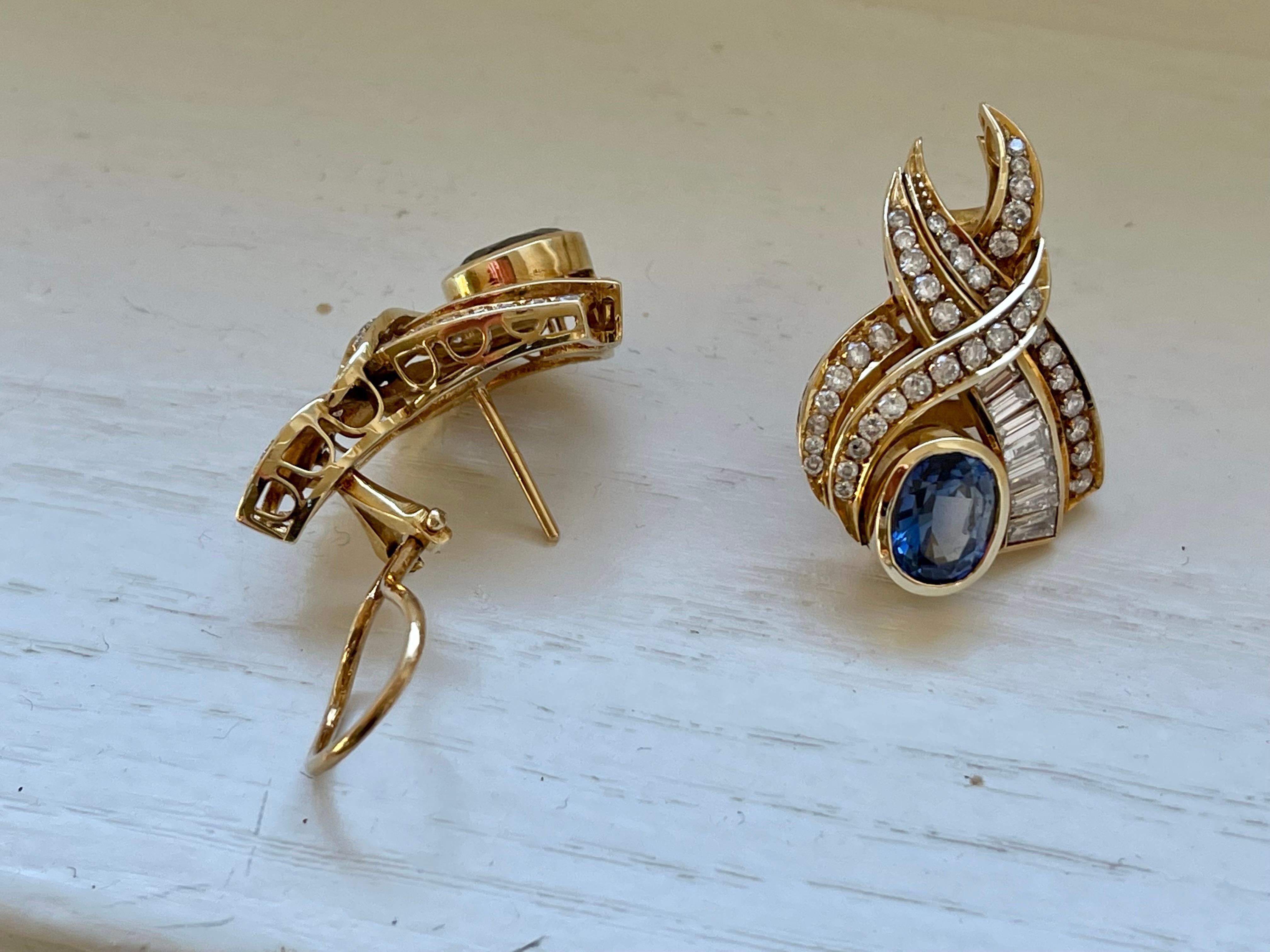 14 K Yellow Gold 1980s Ear Clips Sapphire Diamonds For Sale 13