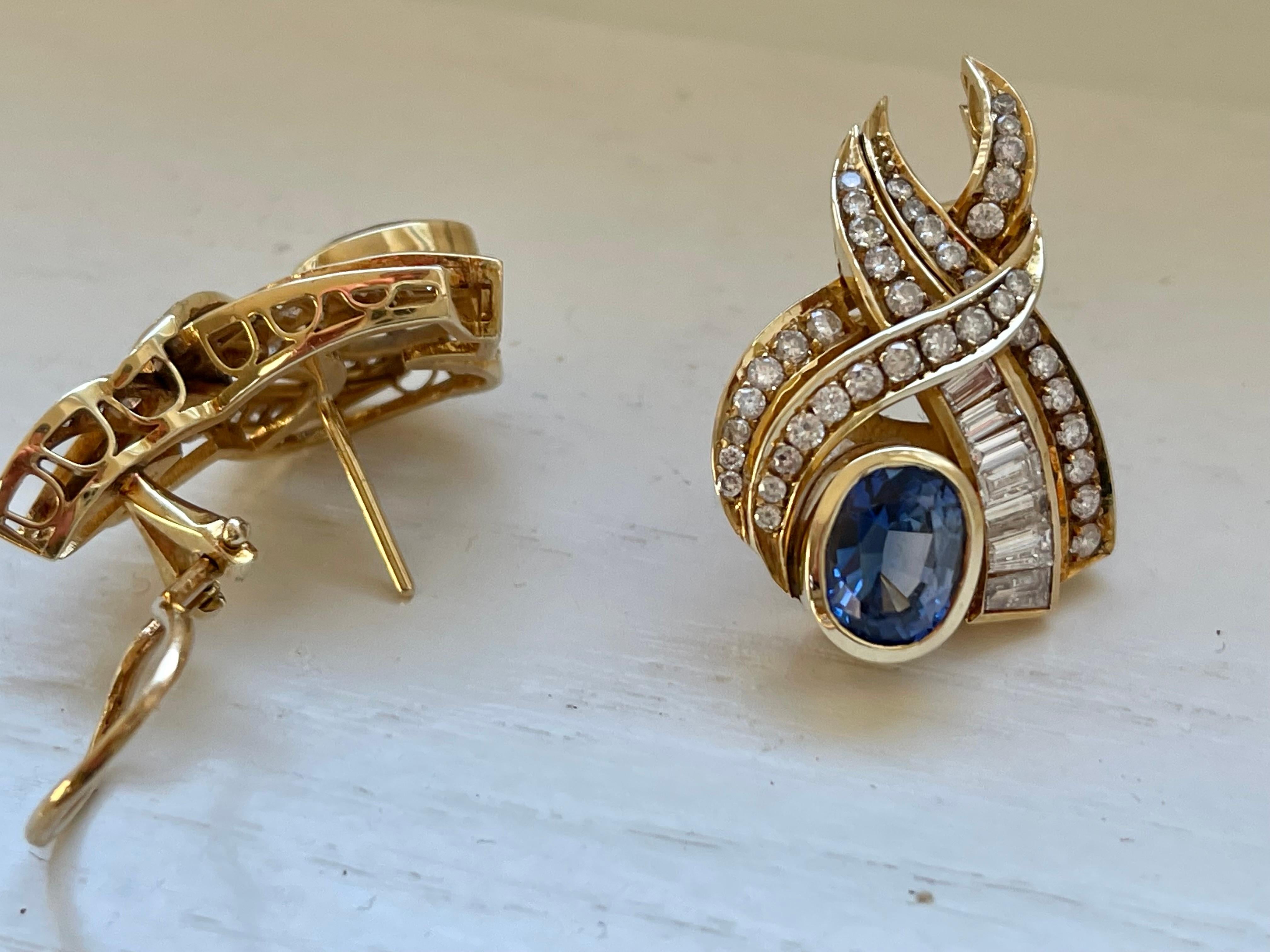 14 K Yellow Gold 1980s Ear Clips Sapphire Diamonds For Sale 14