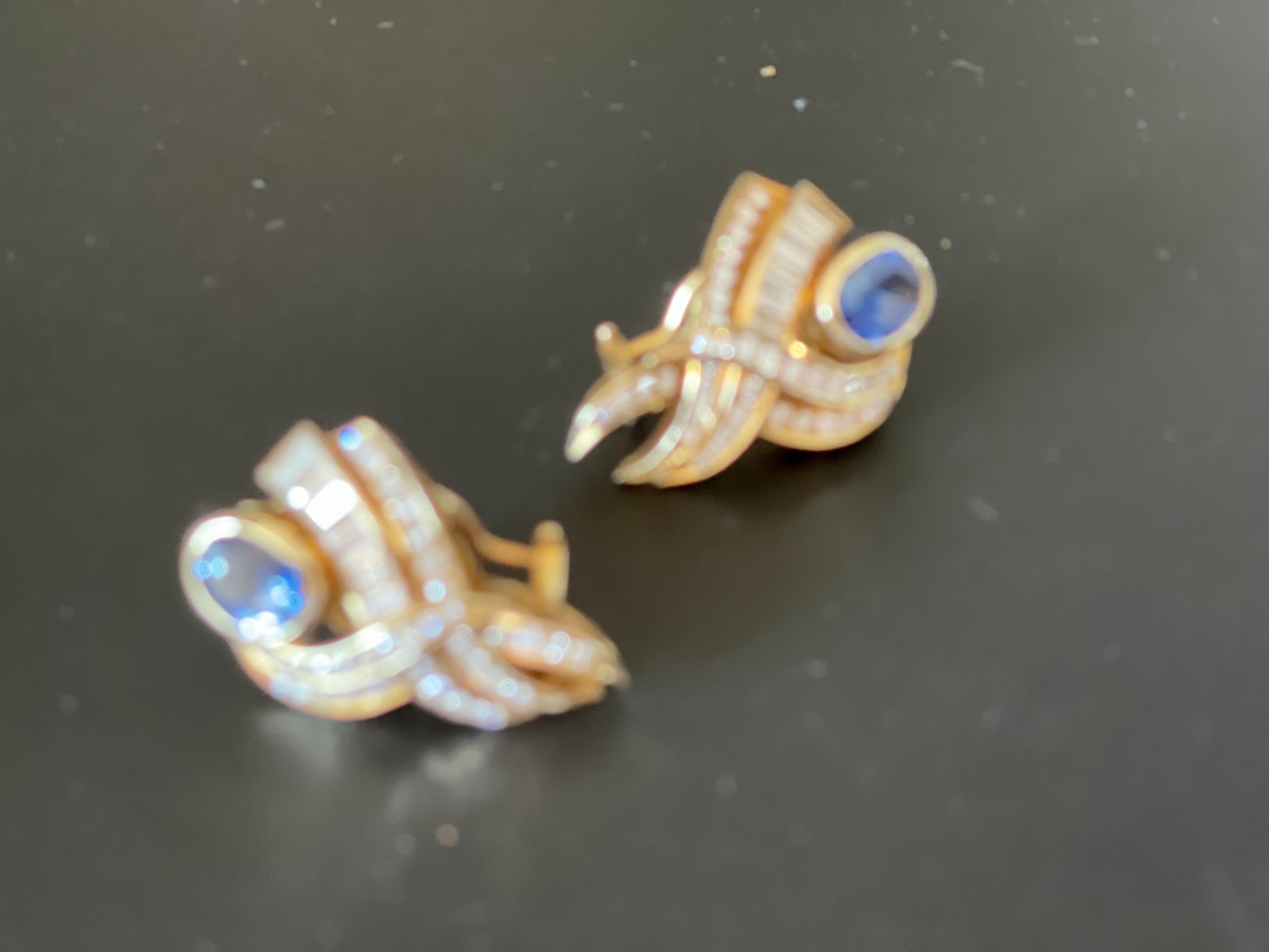 14 K Yellow Gold 1980s Ear Clips Sapphire Diamonds For Sale 1