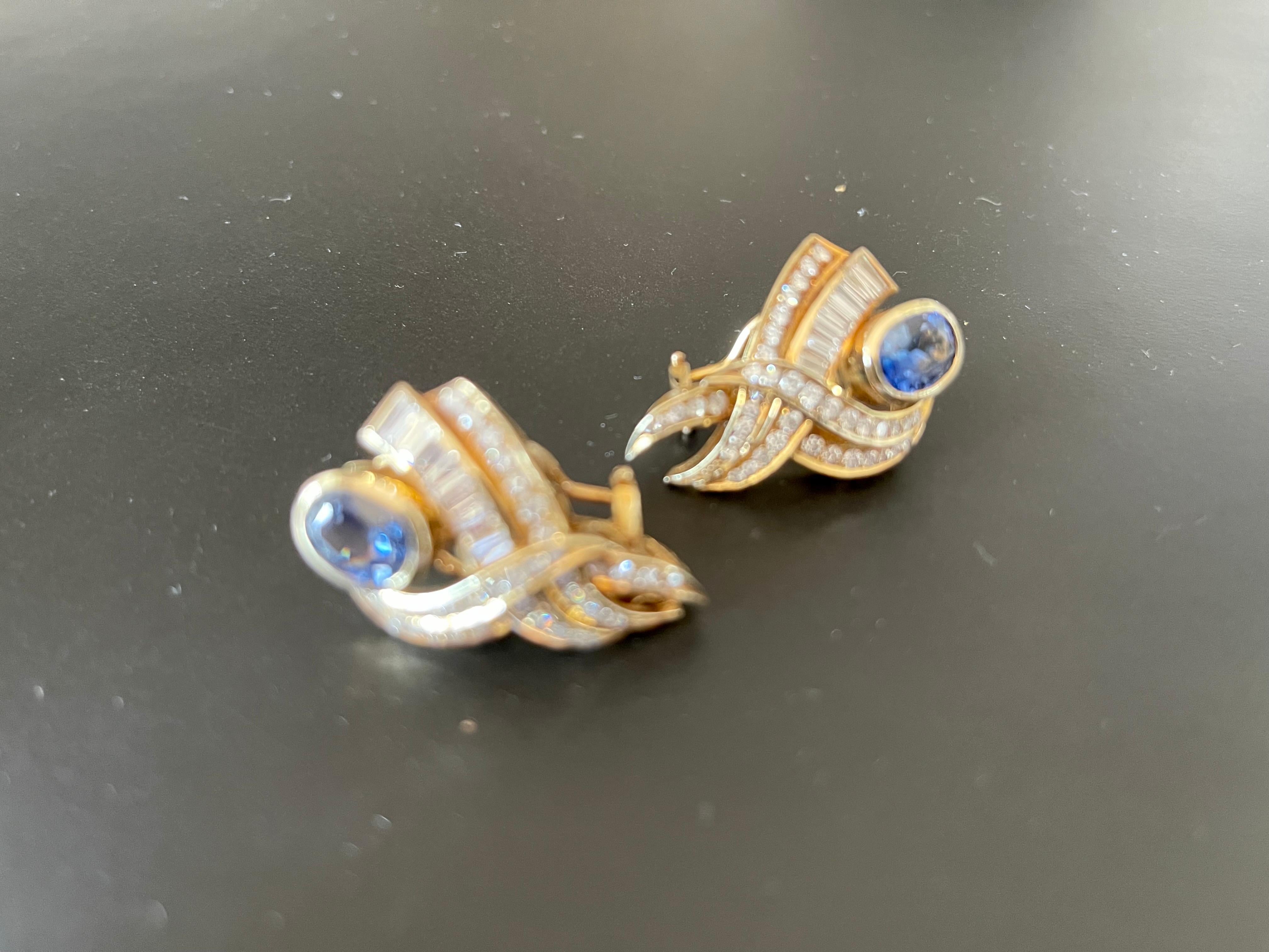 14 K Yellow Gold 1980s Ear Clips Sapphire Diamonds For Sale 2