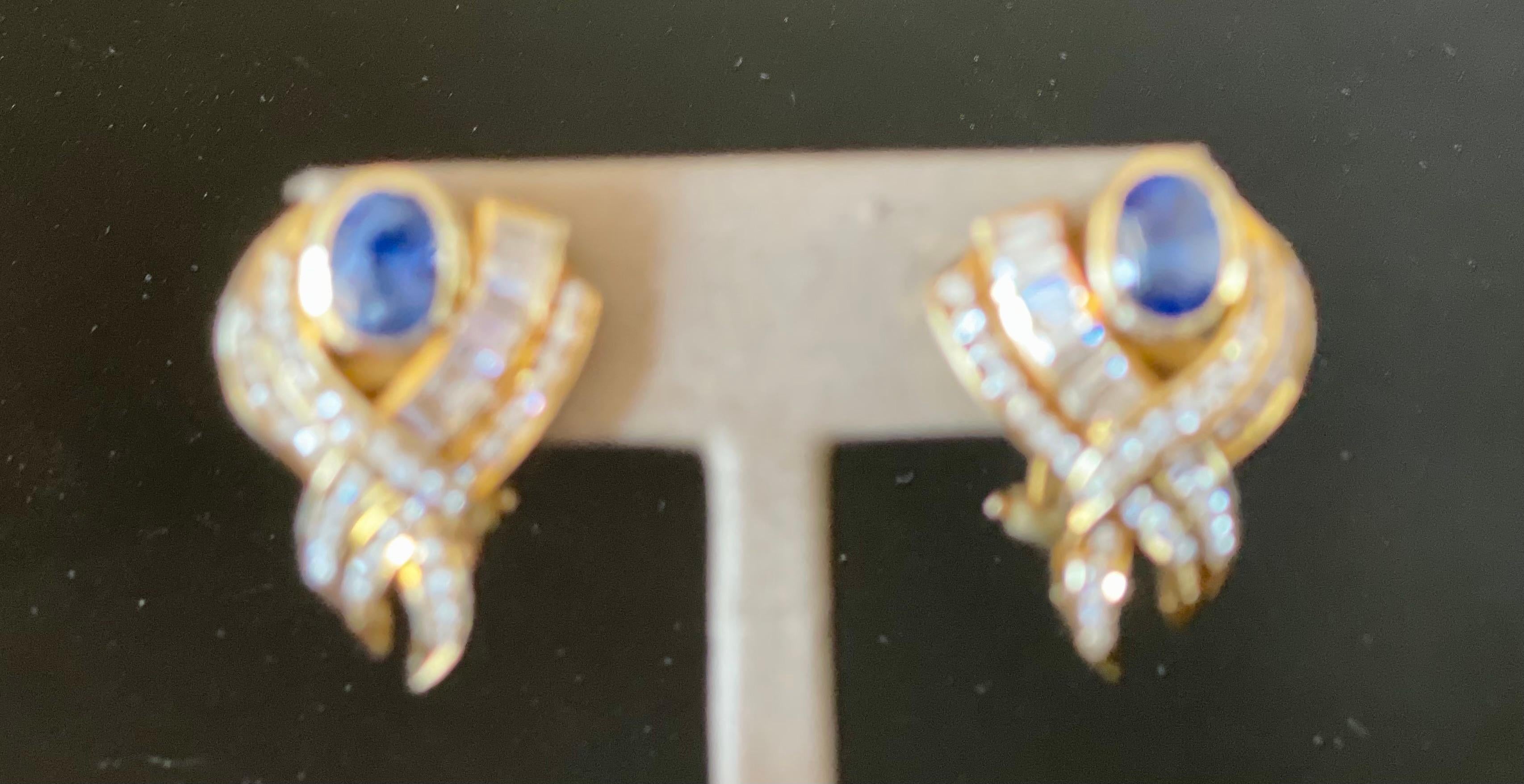 14 K Yellow Gold 1980s Ear Clips Sapphire Diamonds For Sale 3