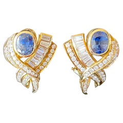 14 K Yellow Gold 1980s Ear Clips Sapphire Diamonds