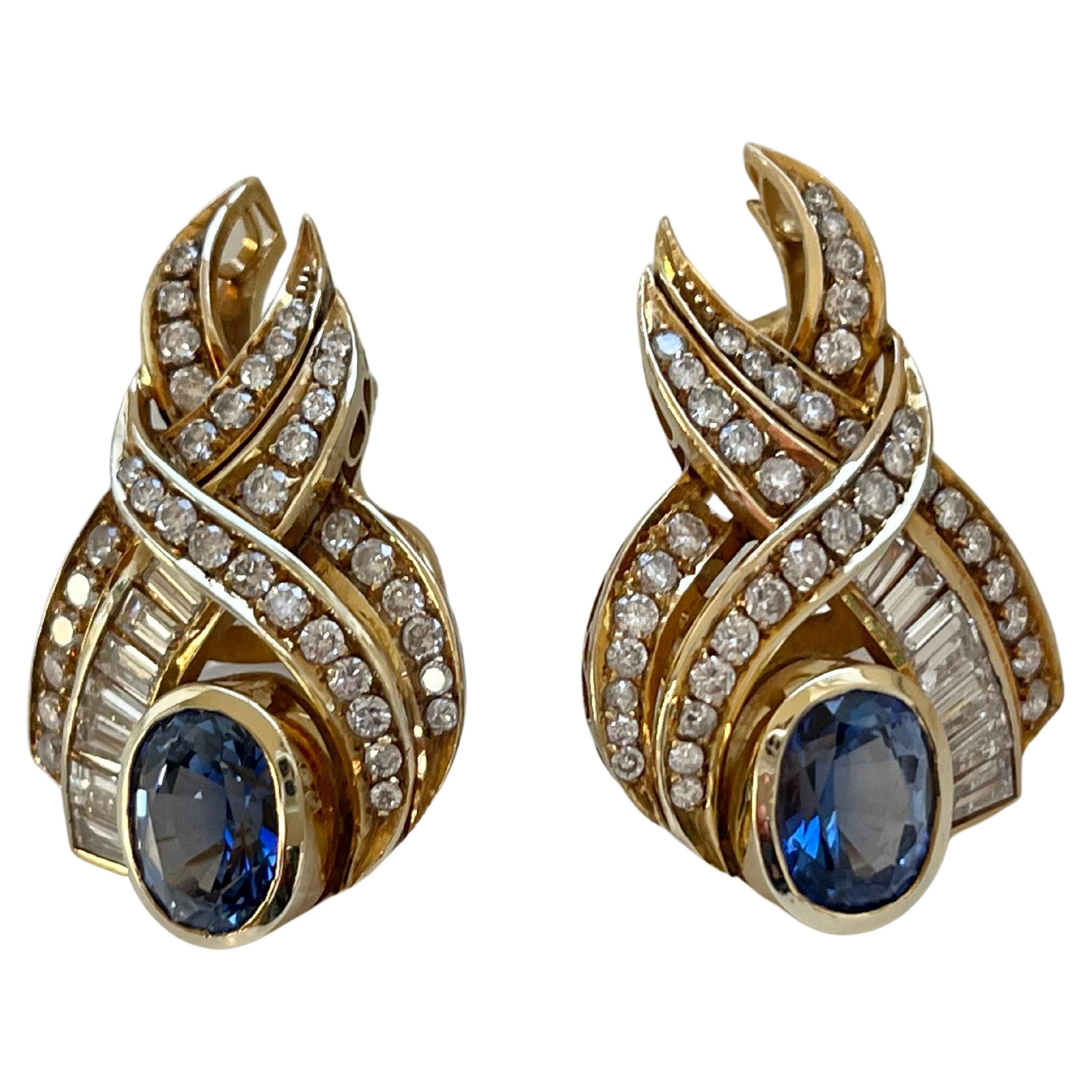 14 K Yellow Gold 1980s Ear Clips Sapphire Diamonds For Sale