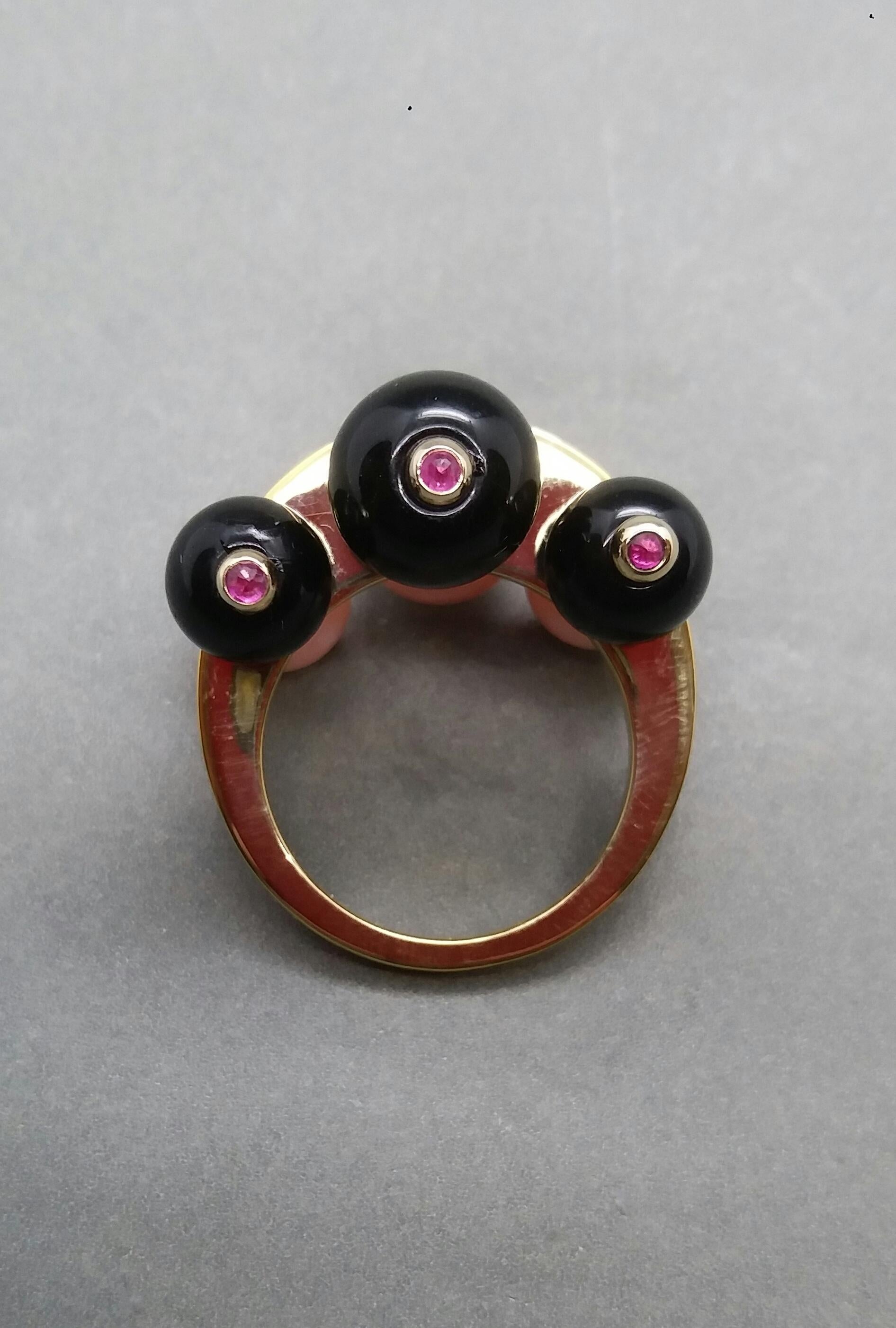 Art Deco 14 Karat Gold Black Onyx and Pink Opal Round Beads Rubies Black Diamonds Ring For Sale