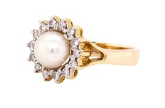 14 K Yellow Gold Cultured Pearl Diamond Halo Cluster Ring Estate Jewelry
